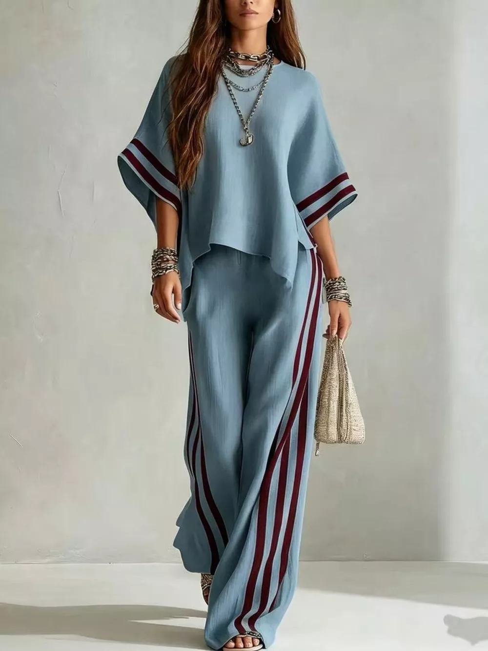 Full Size Striped 3/4 Sleeve Top and Pants Set Plus Size, image 12