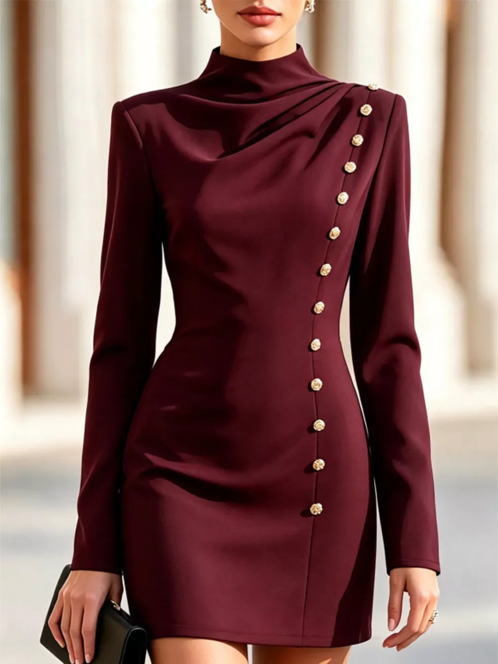 Mock Neck Long-Sleeve Bodycon Dress with Gold-Tone Button Detailing, image 7