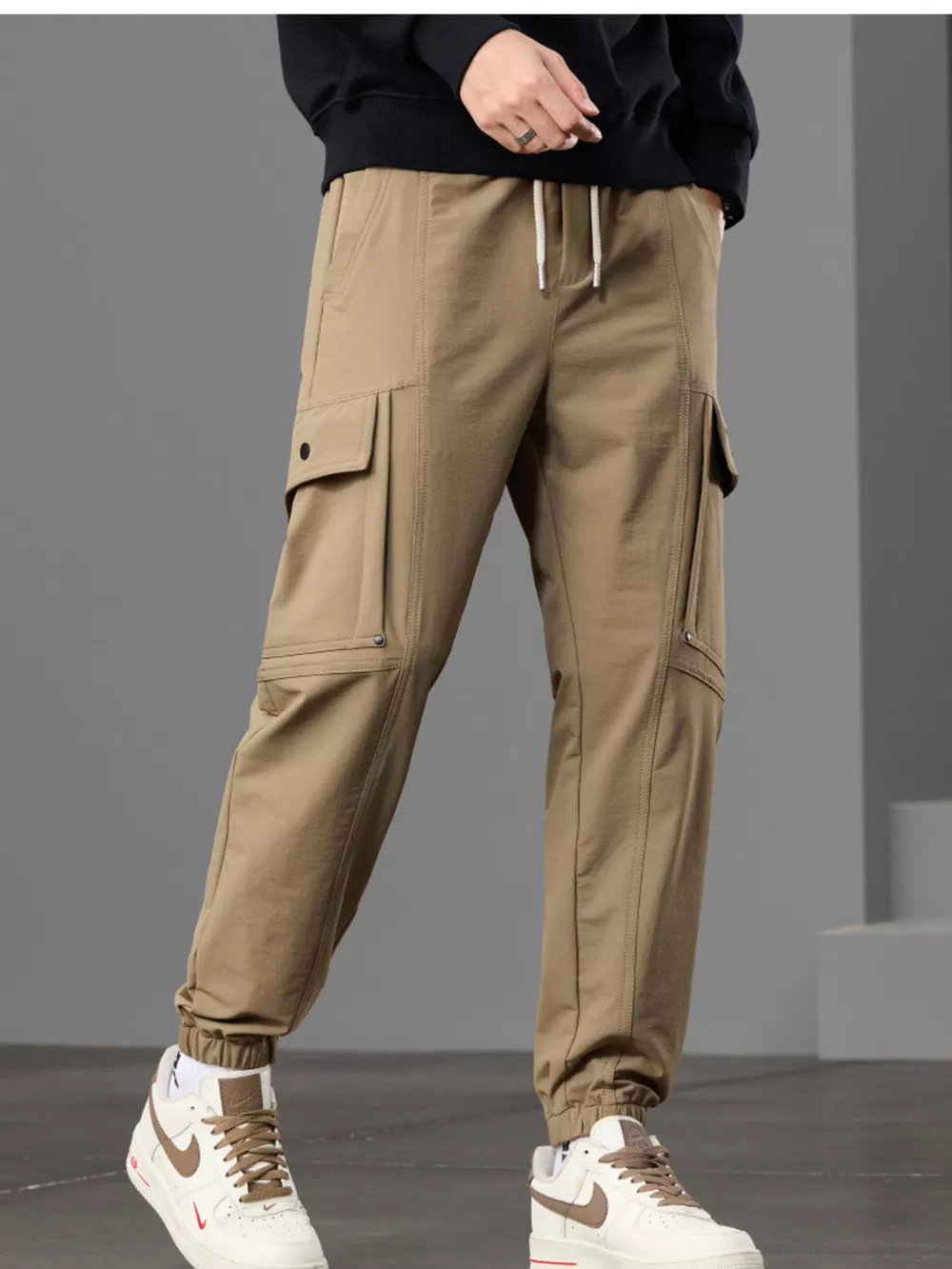 Men's Casual Cargo Pants with Drawstring Waist, image 2