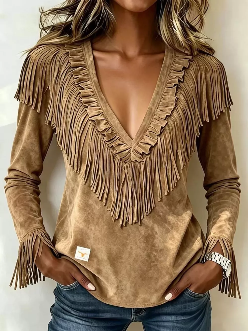 Fringed V-Neck Blouse, image 2