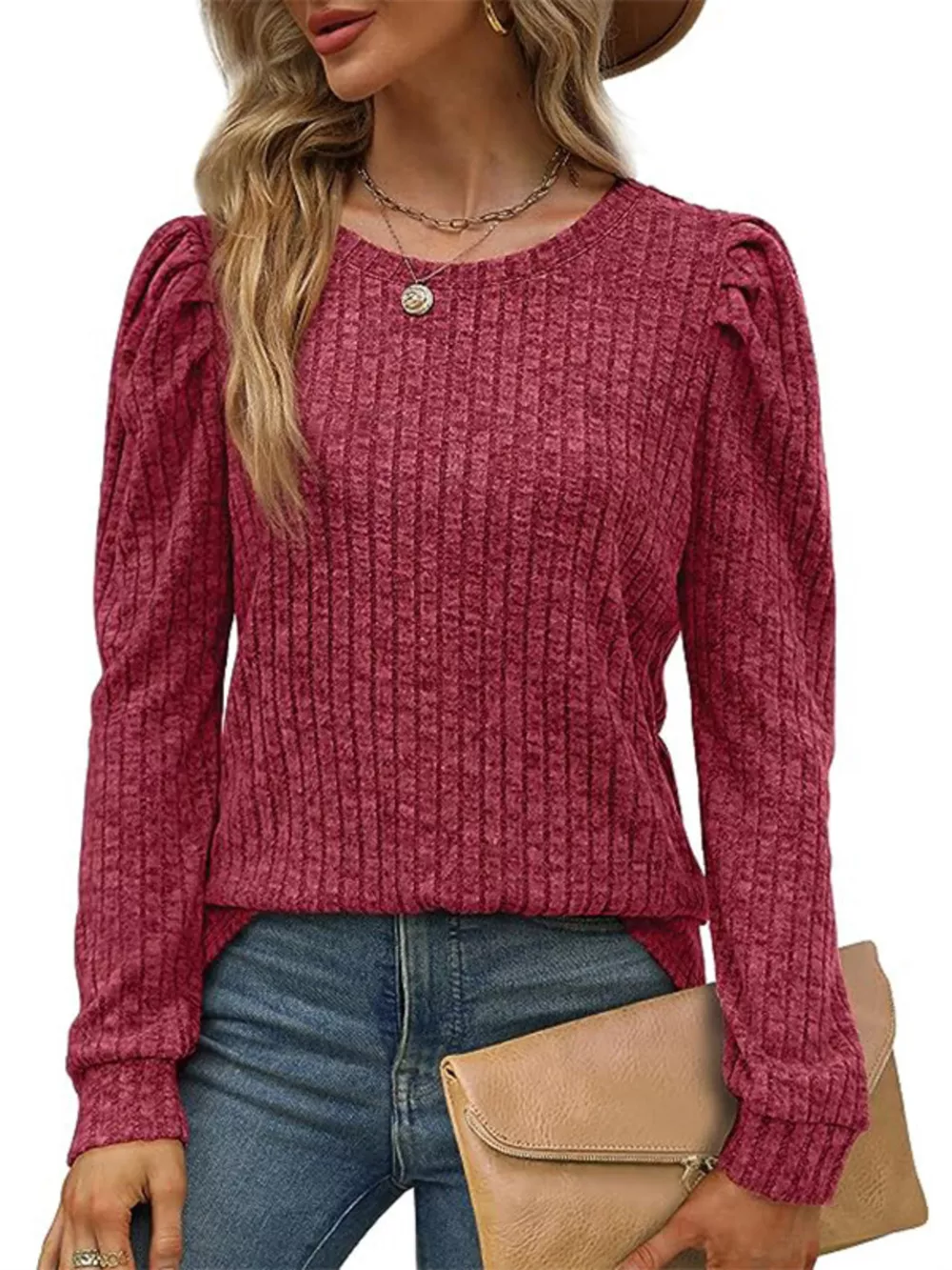 Ribbed Knit Top with Puff Sleeves, image 3