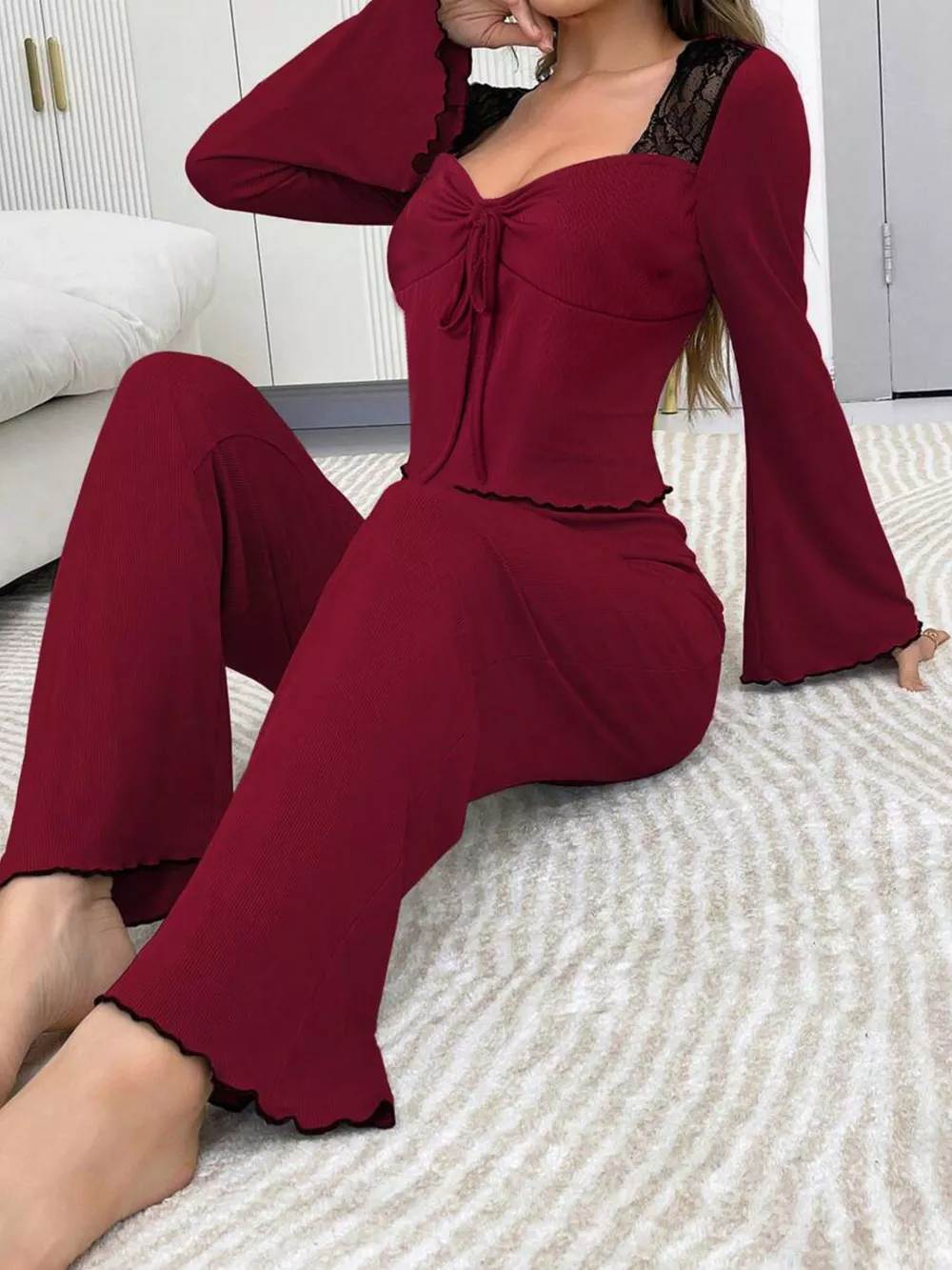 Lace Detail Flare Sleeves Top and Pants Lounge Set, image 11