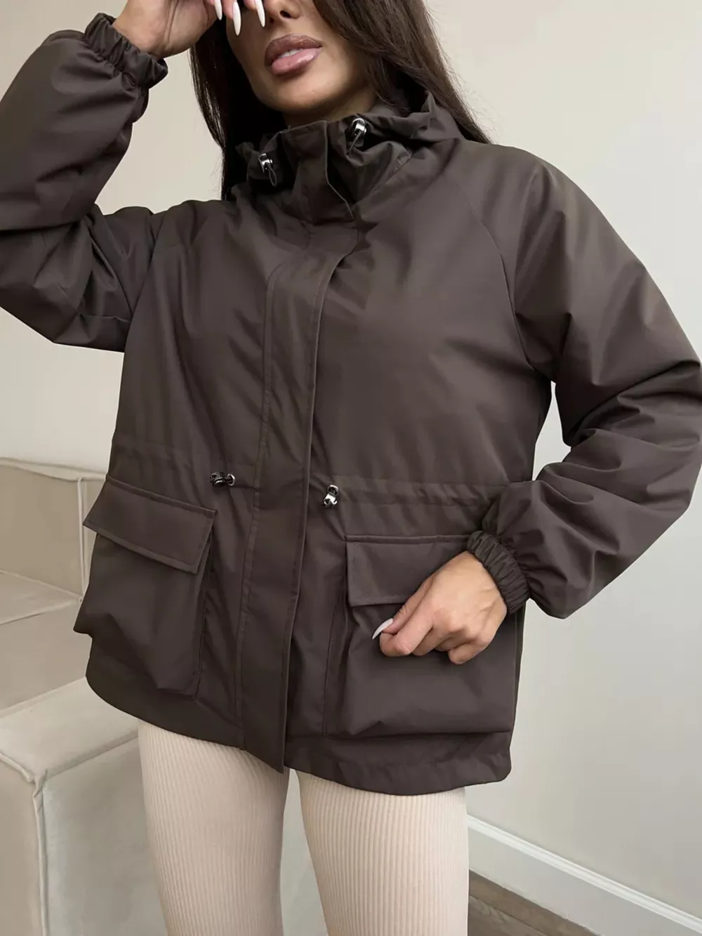 Drawstring Waist Hooded Windbreaker Outerwear, image 5