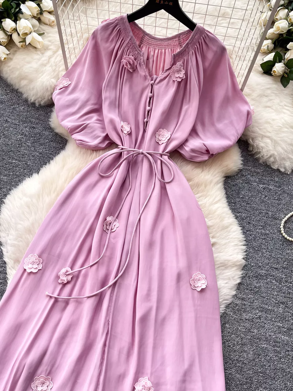 Floral Decor Tie Waist Puff Sleeve Dress, image 7