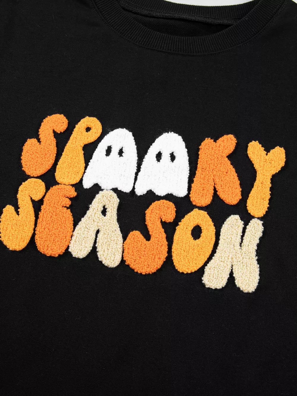 Embroidered Spooky Season Long Sleeve Round Neck Sweatshirt, image 5