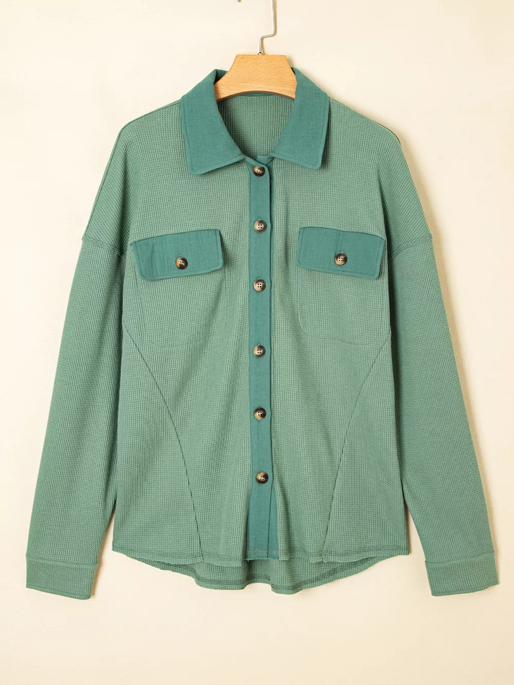 Waffle Knit Vintage Patchwork Button Up Loose Shirt, image 4