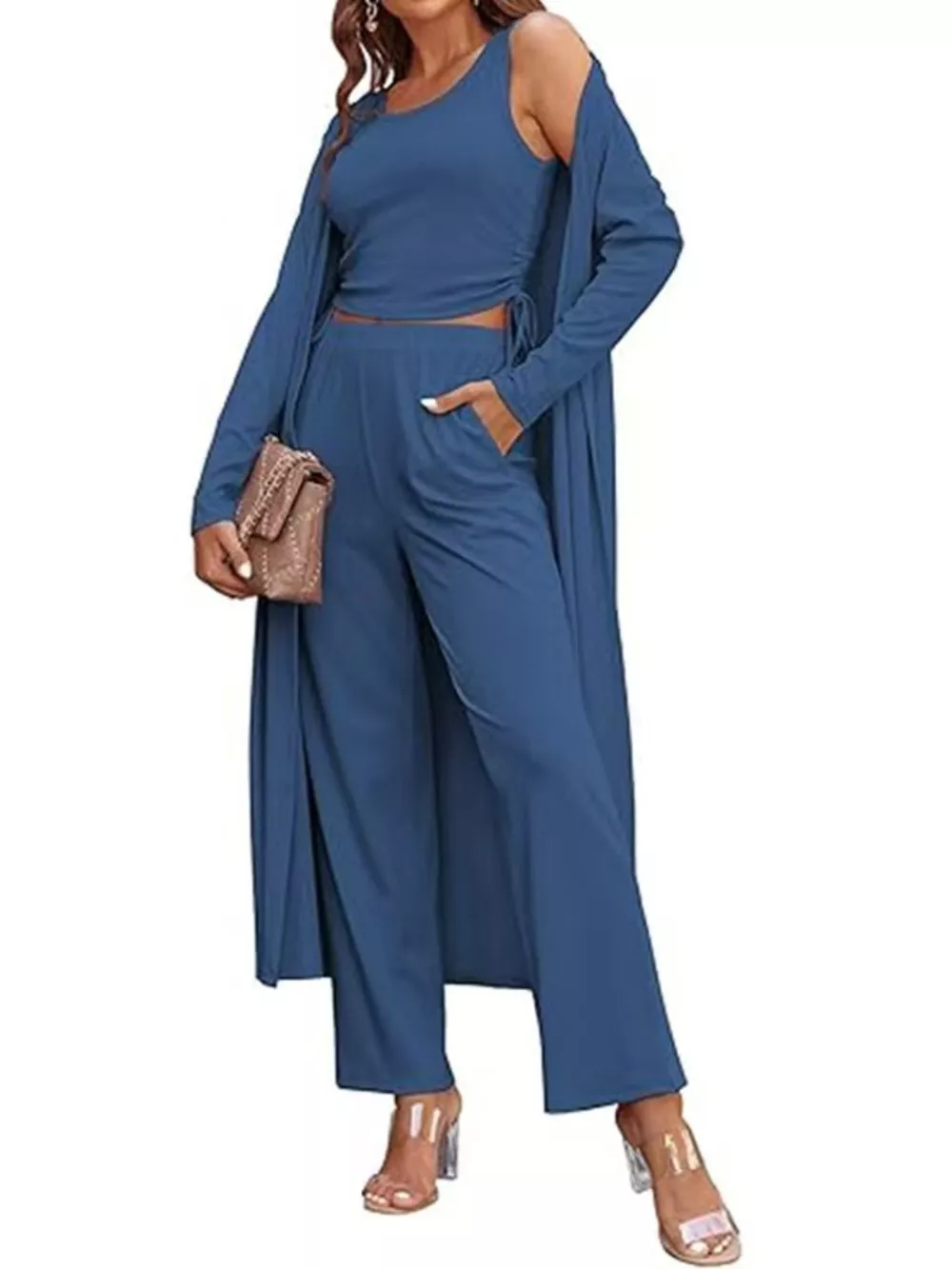 Round Neck Tank & Cardigan & Pants Set, image 12