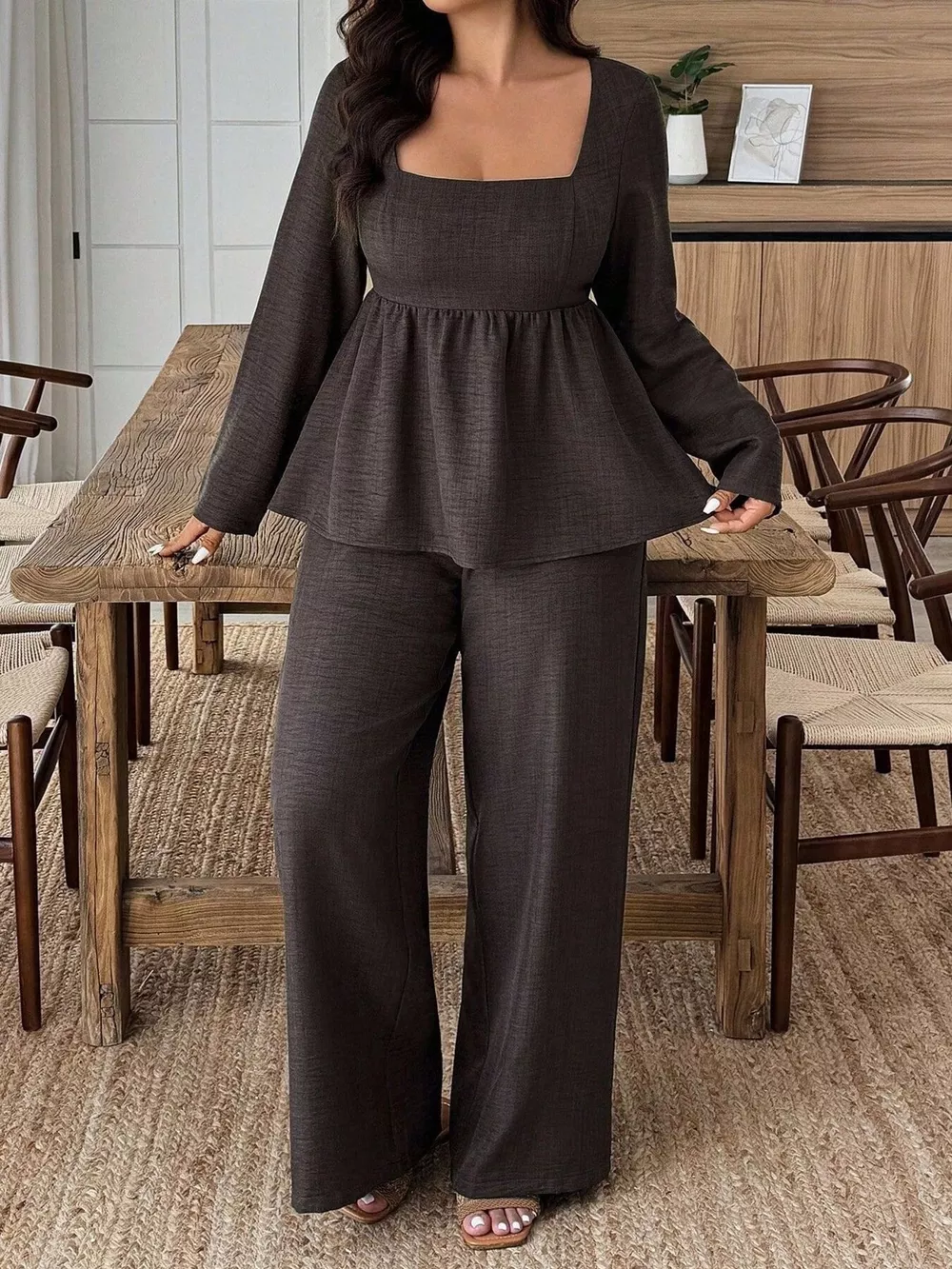 Plus Size Square Neck Long Sleeve Top and Pants Two-Piece Set, image 6