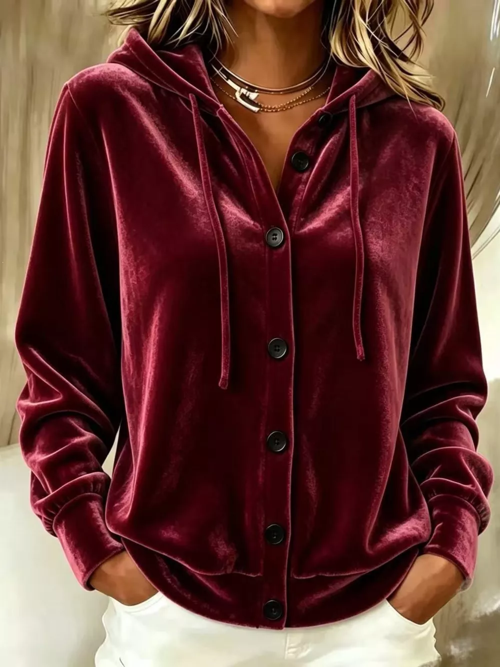 Full Size Velvet Button-Down Hooded Outerwear Plus Size, image 5