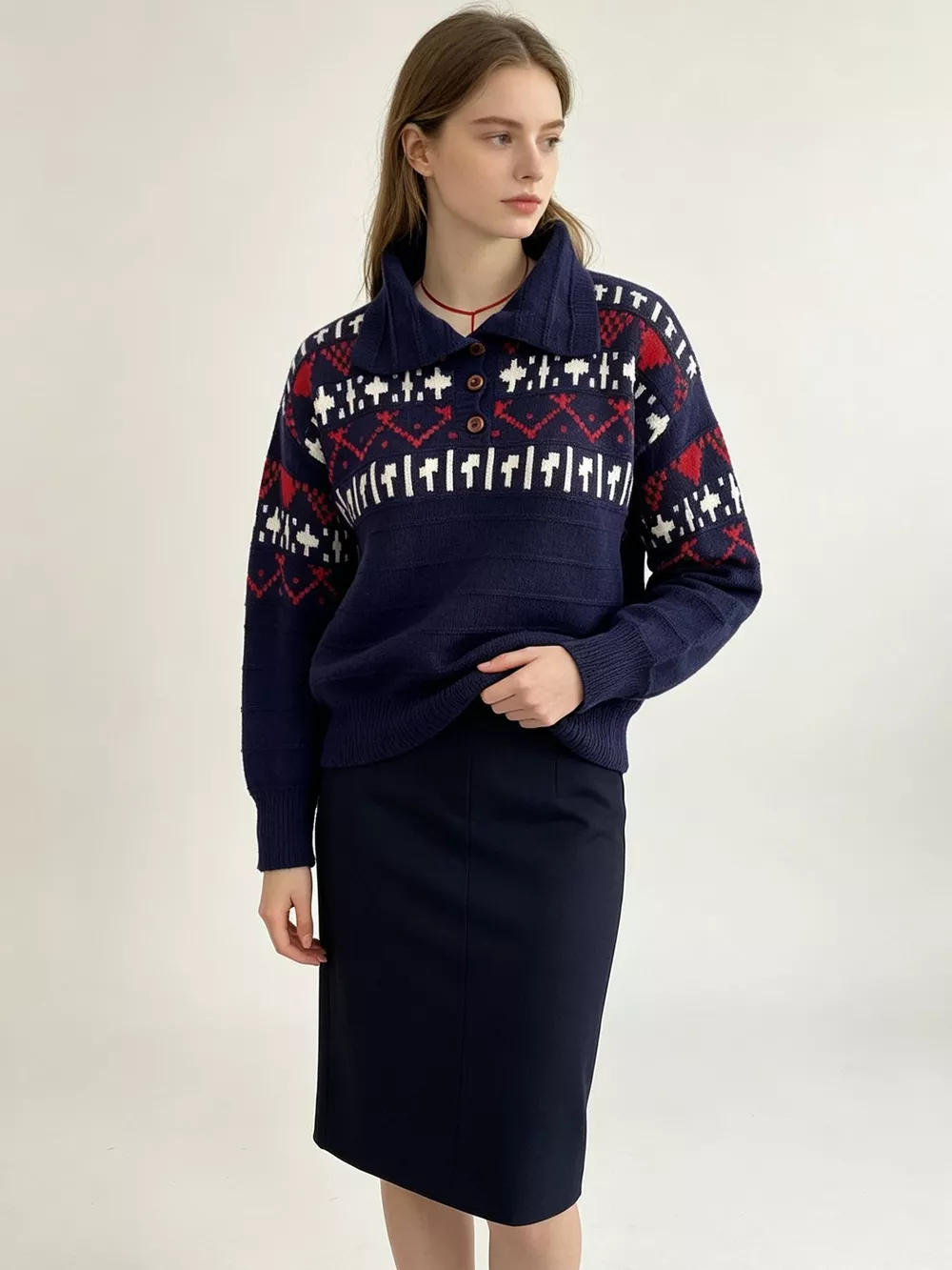 Vintage-Inspired Fair Isle Patterned Polo Sweater, image 22
