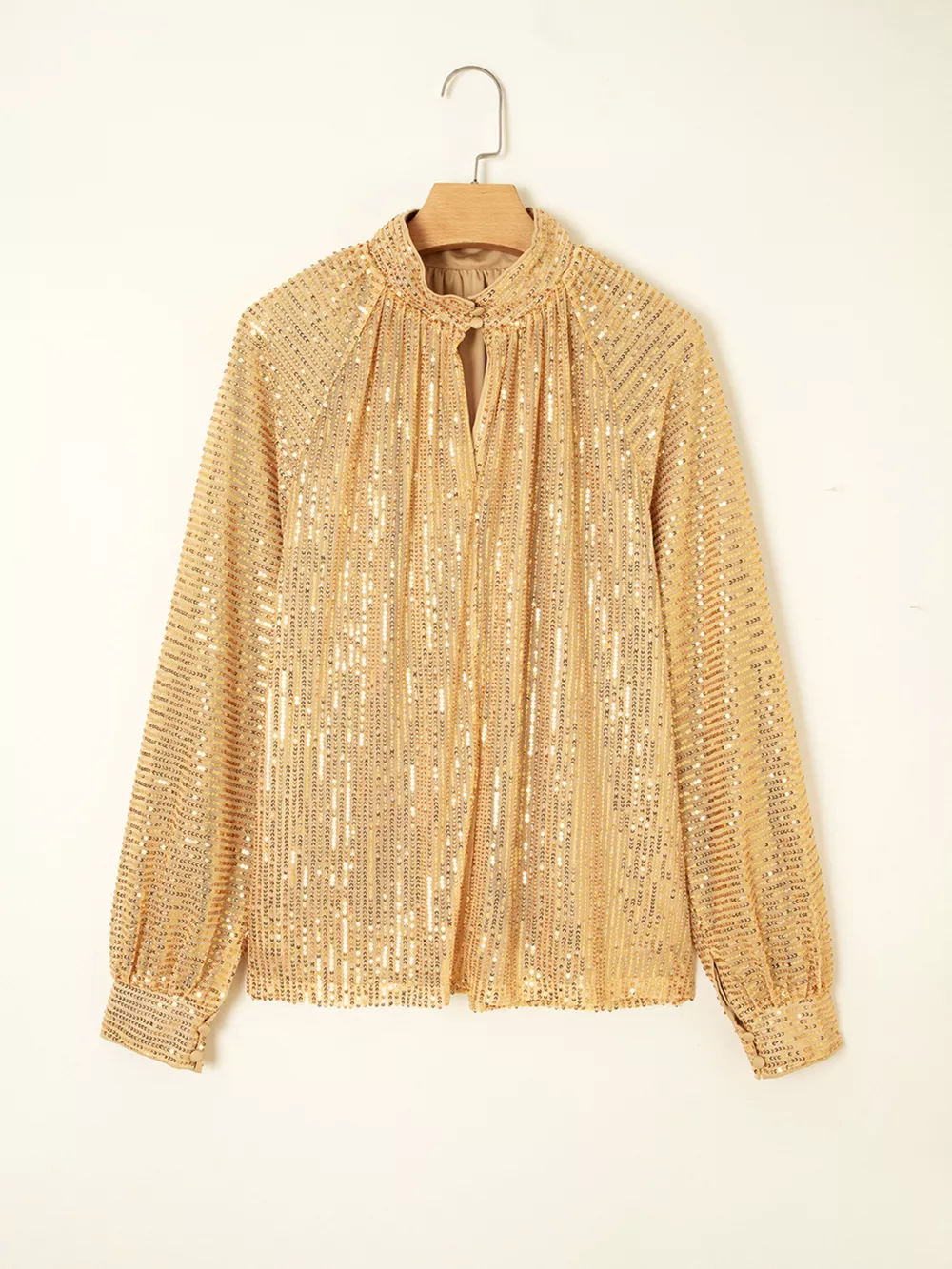 Metallic Balloon Sleeve Buttoned High Neck Loose Blouse, image 6