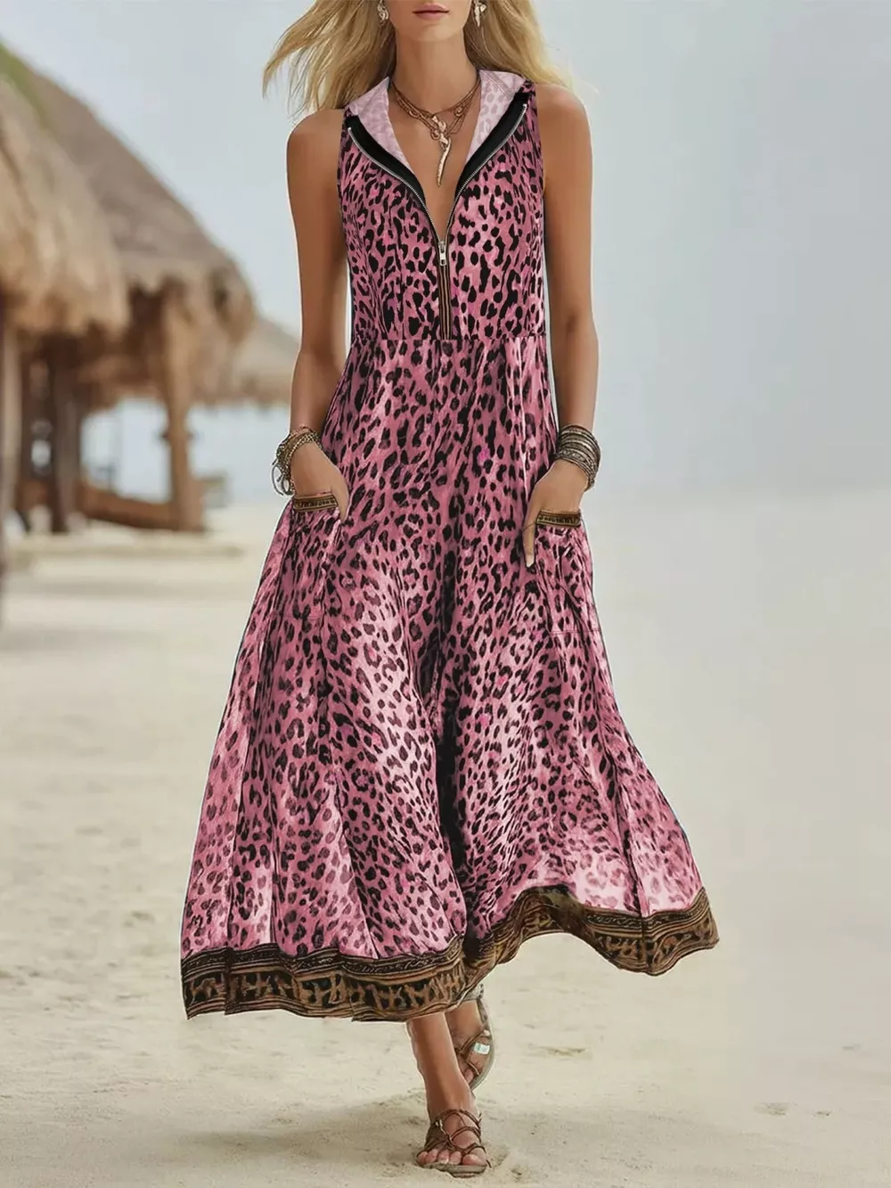 Leopard Zip Front Hooded Dress, image 2