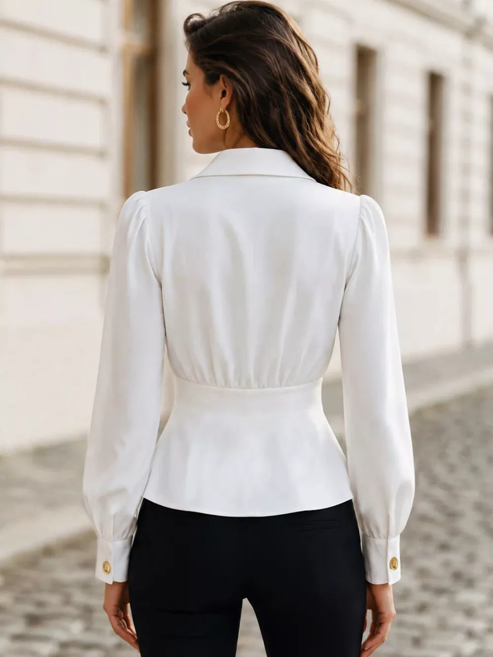 Double-Breasted Peplum Blouse with Gold Buttons, image 2