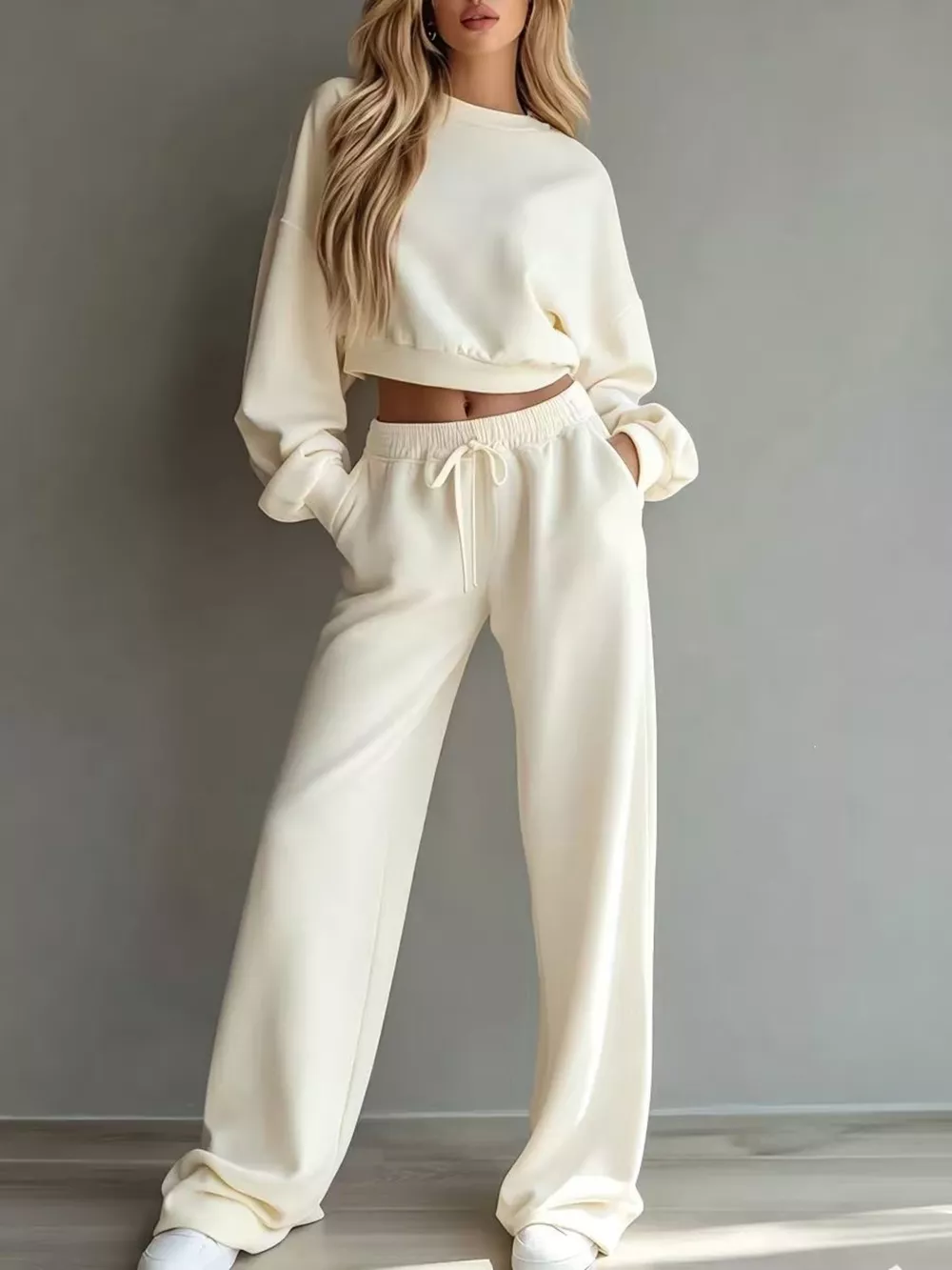 Round Neck Cropped Sweatshirt and Wide-Leg Pants Set, image 7