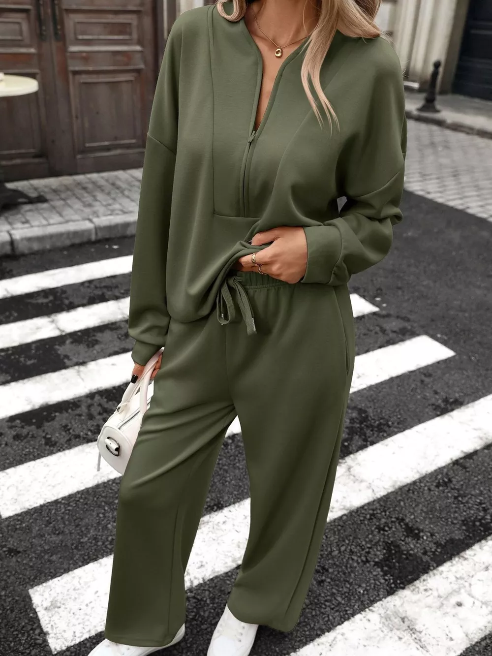 Half Zip Sweatshirt and Wide-Leg Pants Set, image 2