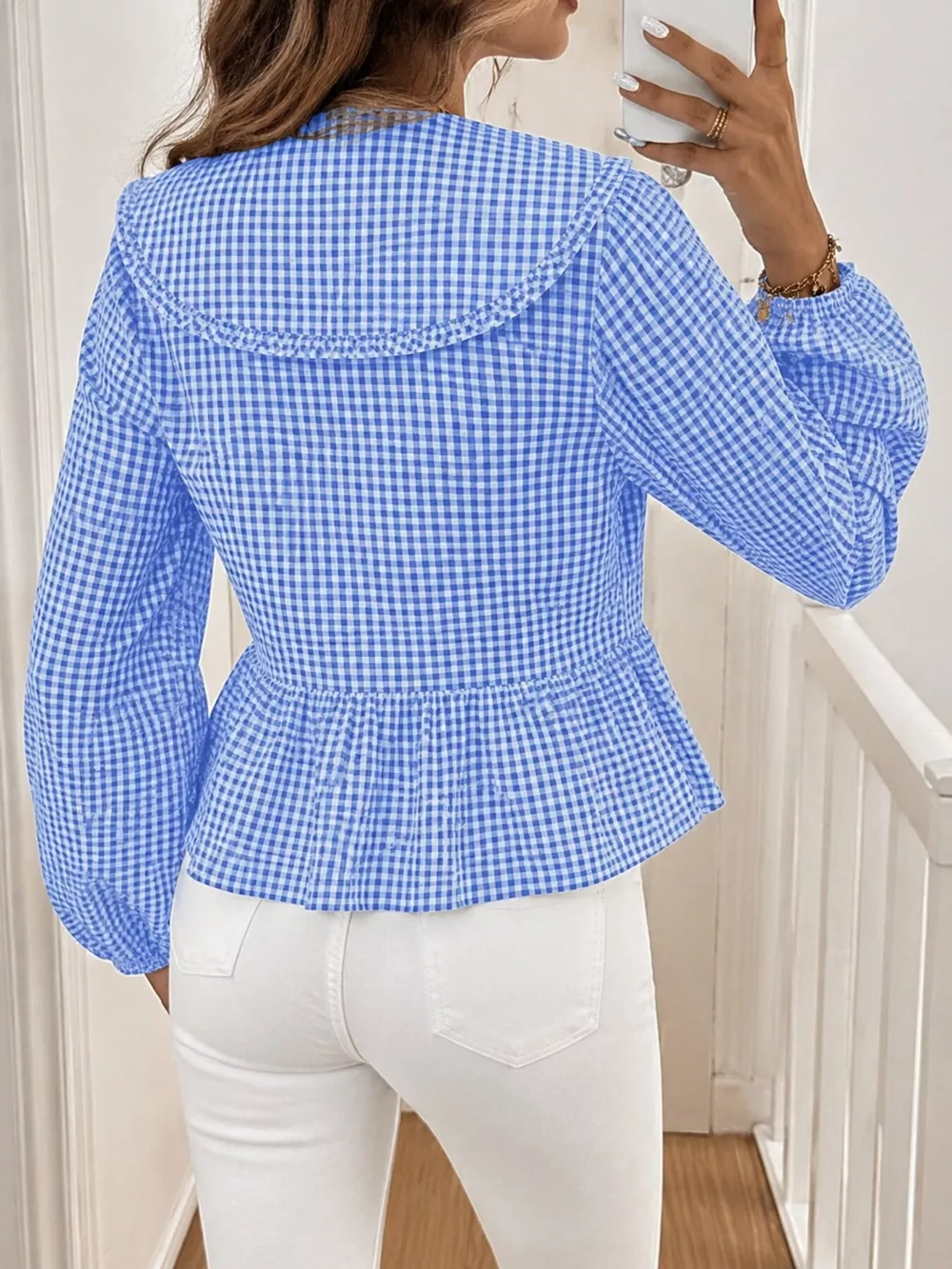 Gingham Tie-Front Peplum Blouse, image 6