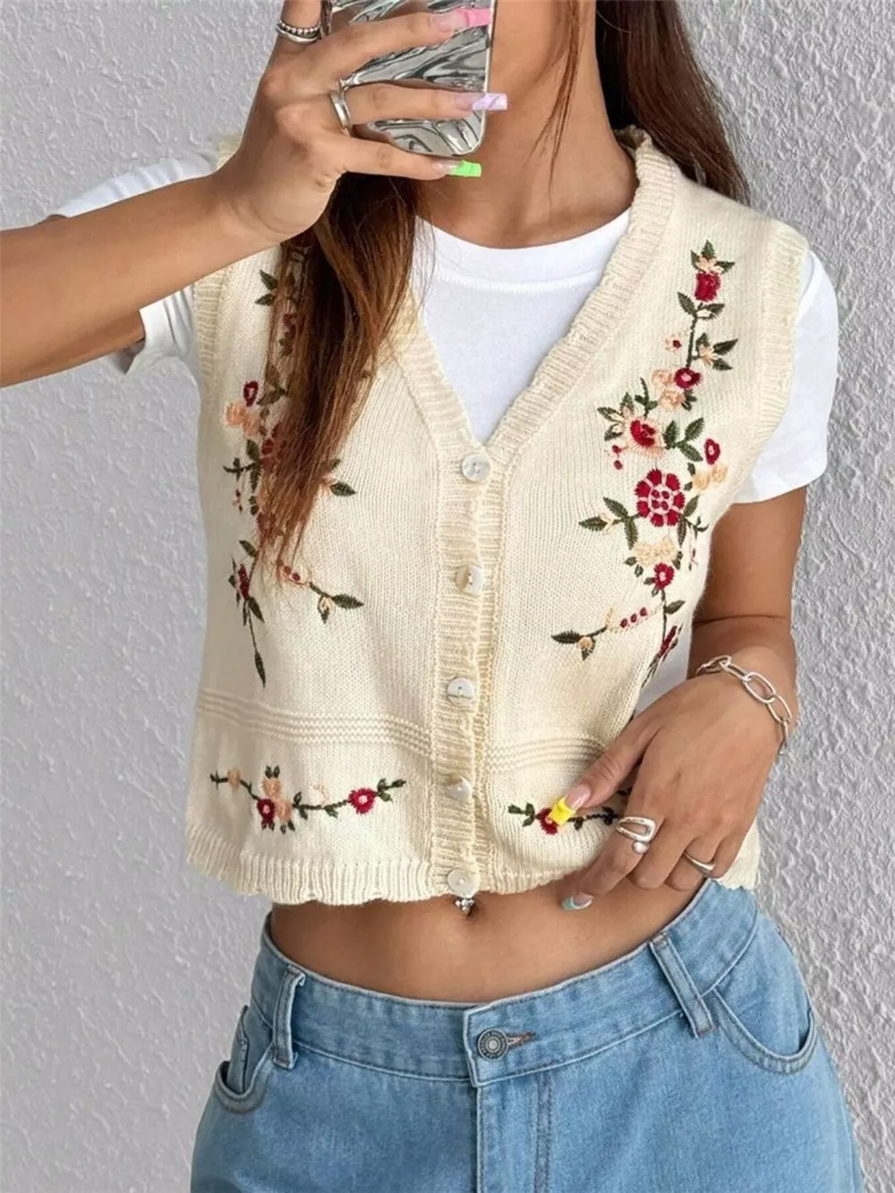 Embroidered Button Up Sweater Vest, image 3