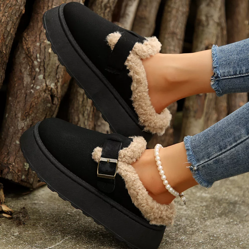 Fuzzy Trim Buckle Platform Slippers, image 2