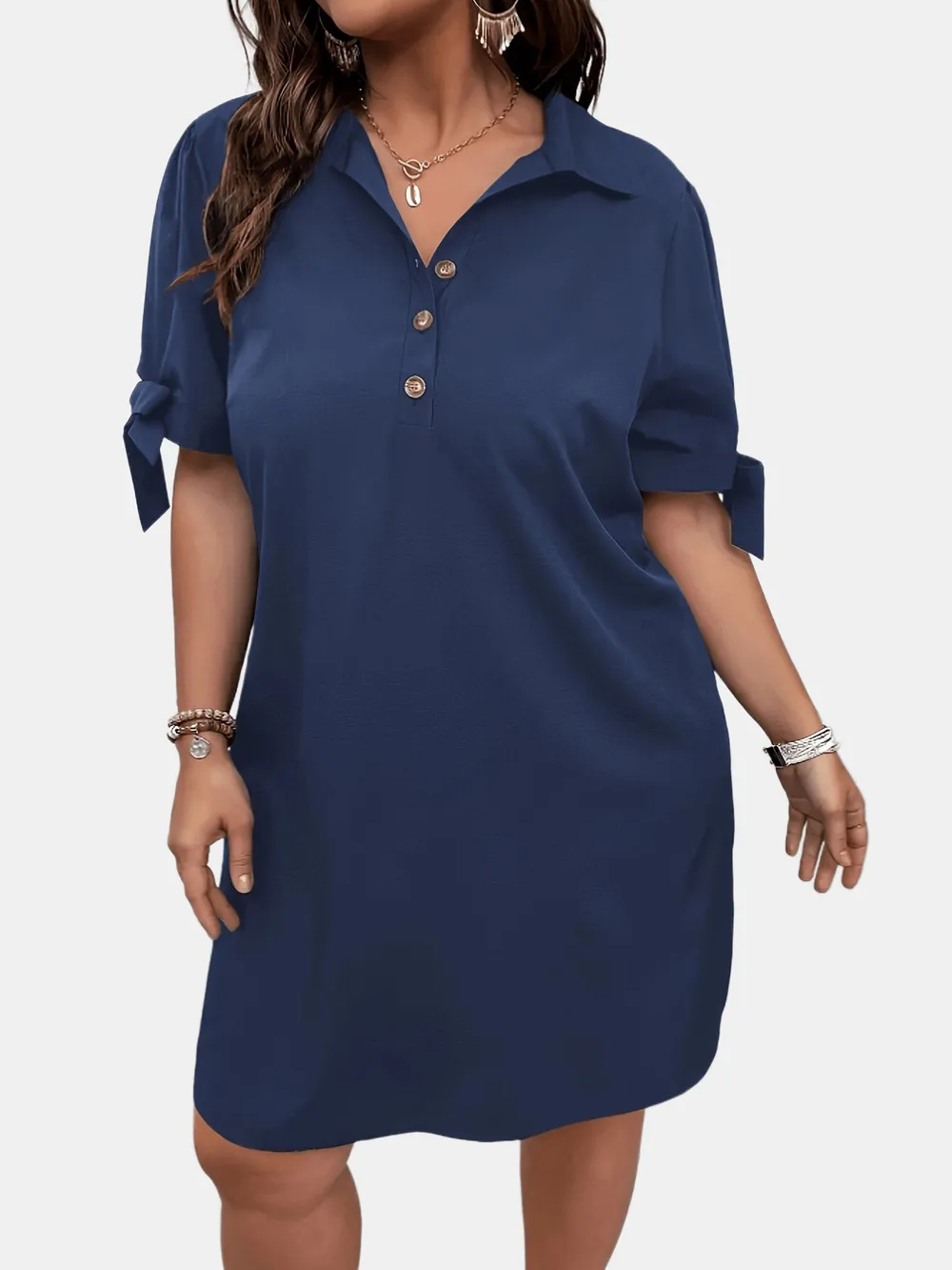 Button Detail Shift Dress with Tie Sleeves, image 3