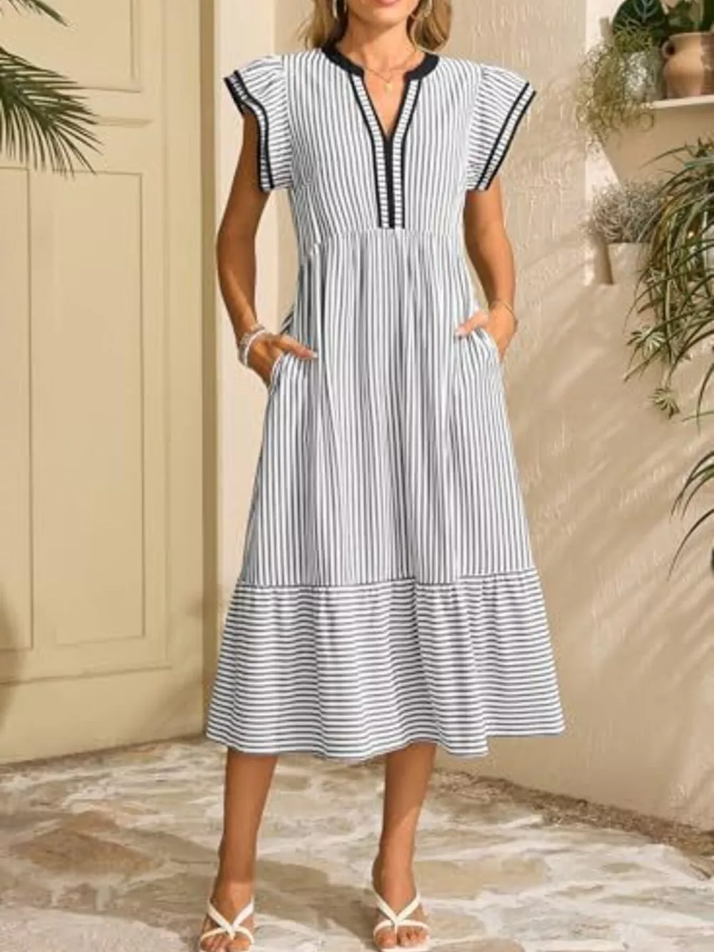 Striped Notched Ruffle Sleeve Dress, image 8
