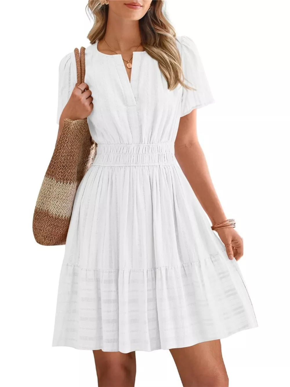 Short Sleeve Smocked Waist Tiered Dress, image 26