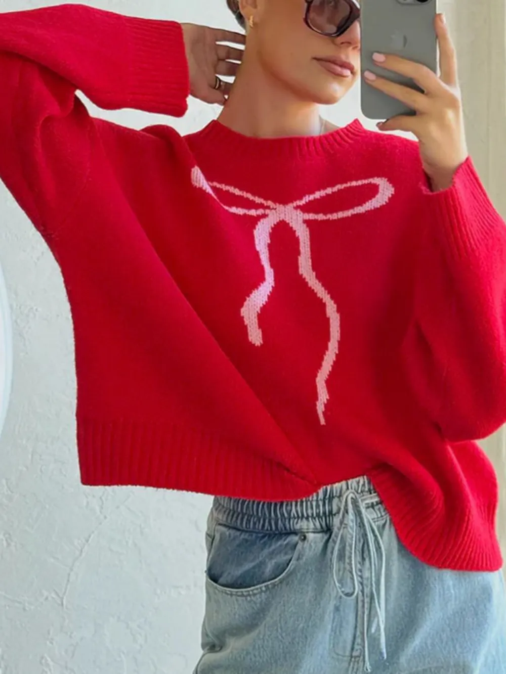 Bow Graphic Ribbed Hem Round Neck Sweater, image 9