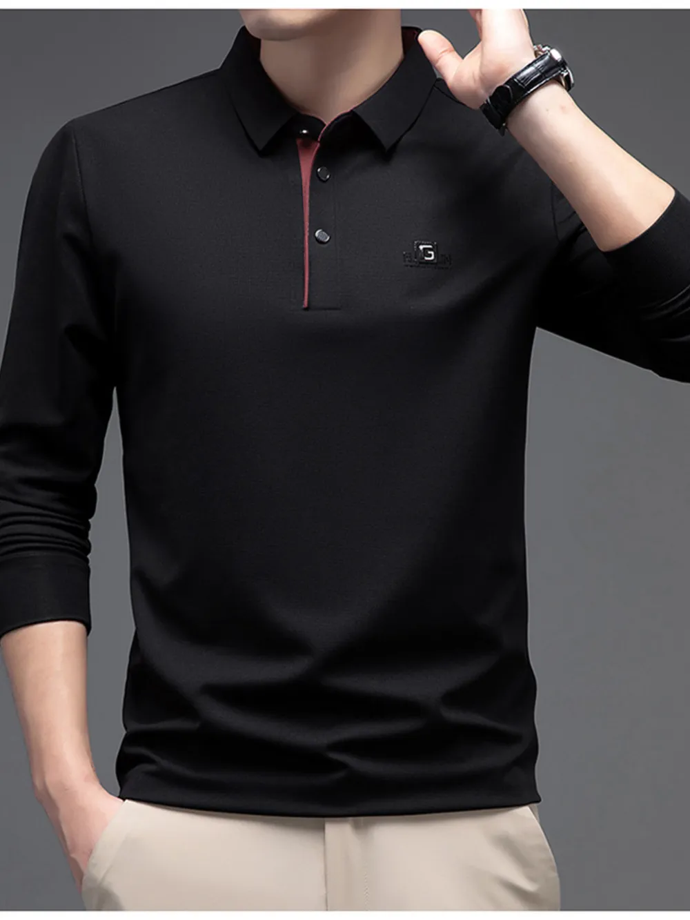 Men's Plus Size Button Detail Long Sleeve Polo, image 8