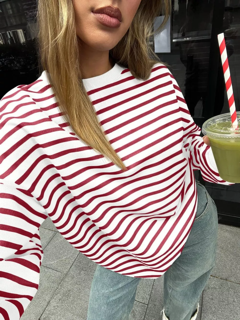 Striped Round Neck Oversized Casual Sweatshirt, image 14