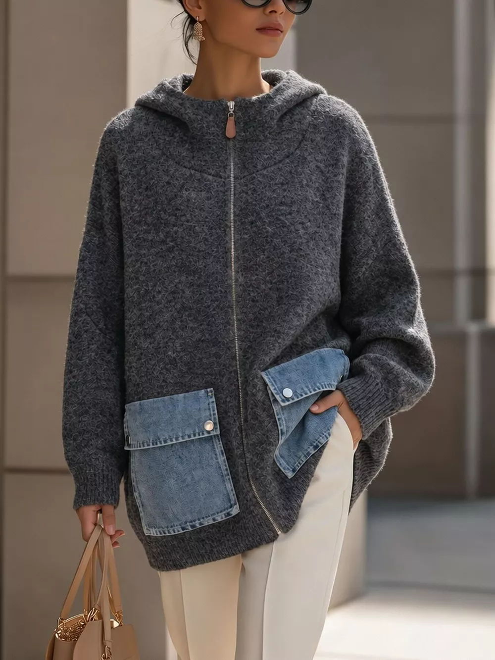 Contrast Denim Pockets Hooded Cardigan, image 2