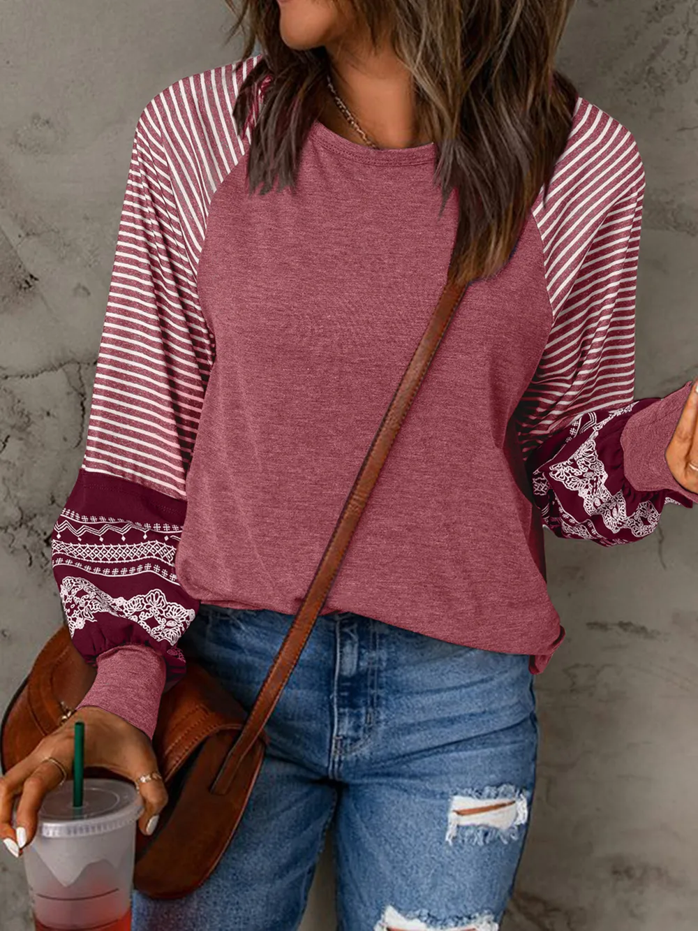 Contrast Print Striped Raglan Long Sleeve Loose Top, image 9