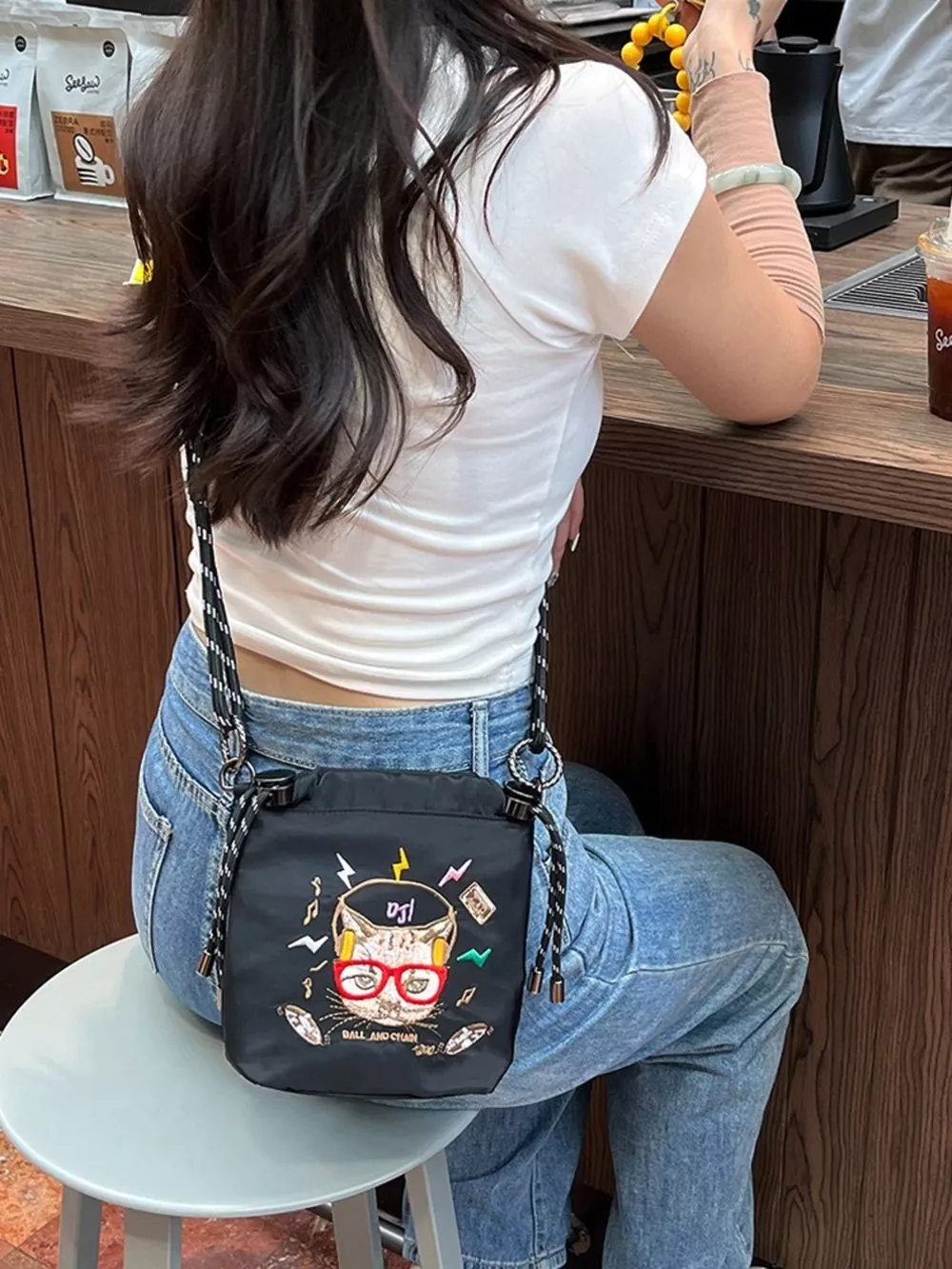 Embroidered Crossbody Bag with Rope Strap, image 7
