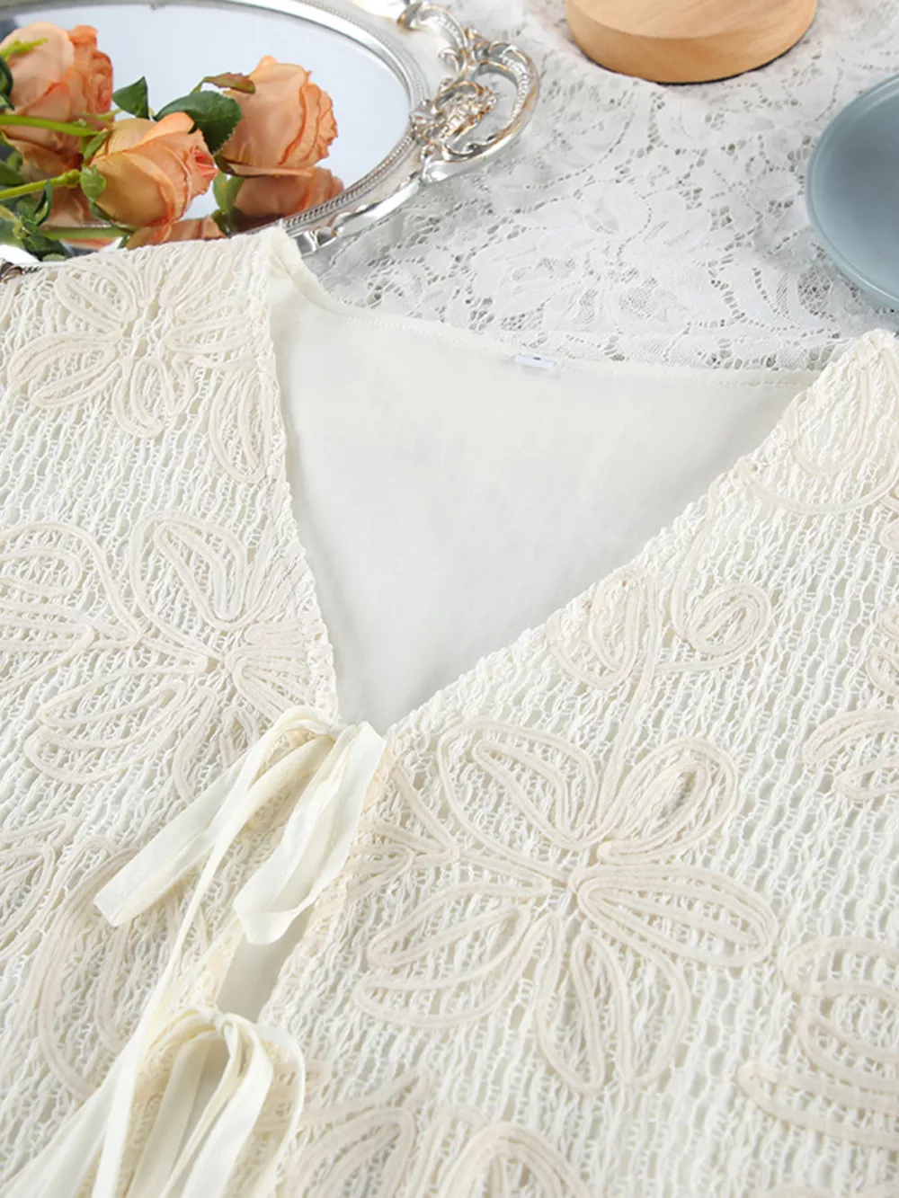 Lace Crochet Tie Front Top and Shorts Two-Piece Lounge Set, image 8