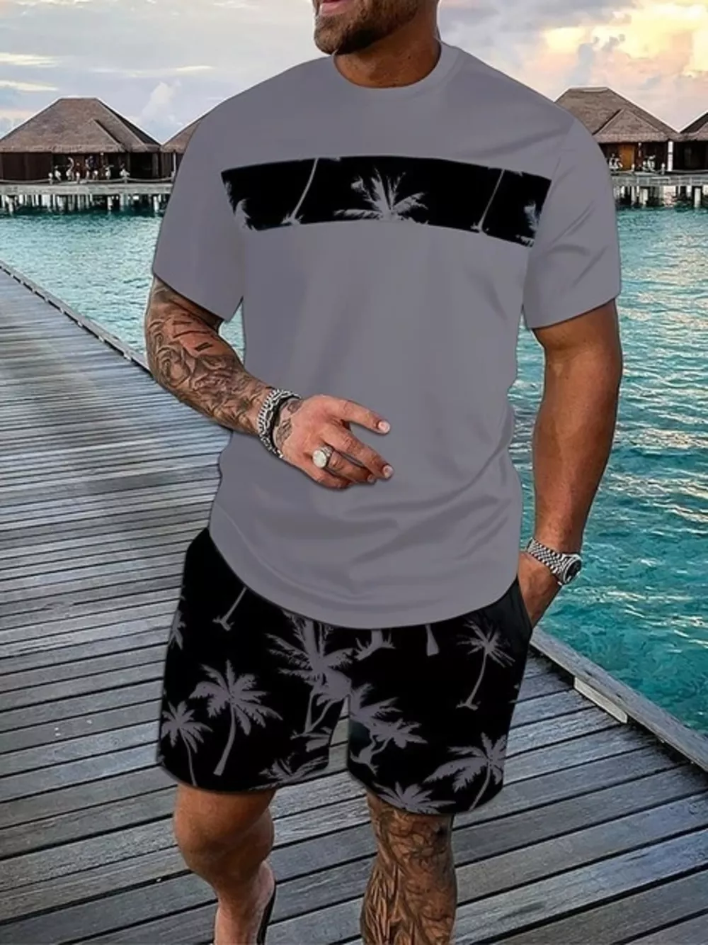 Men's Full Size Tropical Palm Tree Tee and Shorts Set Plus Size, image 8