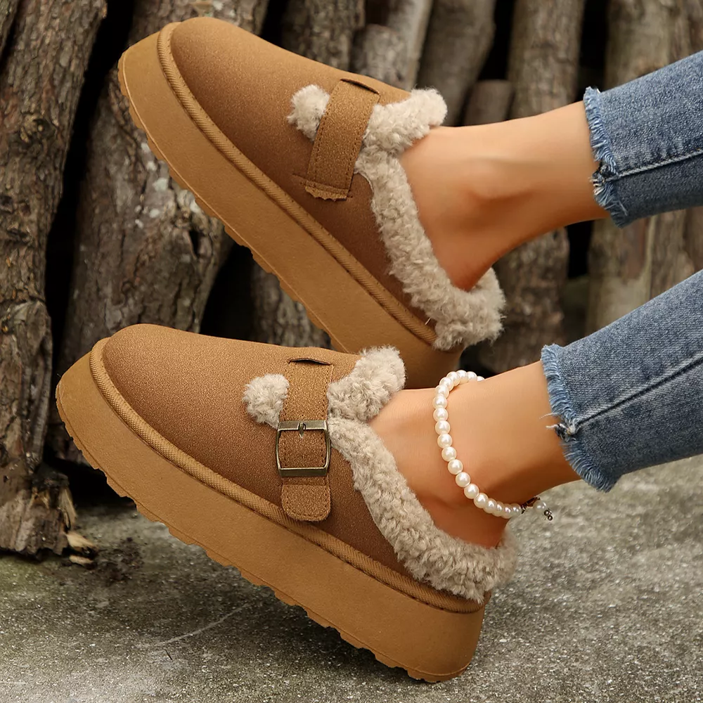 Fuzzy Trim Buckle Platform Slippers, image 7
