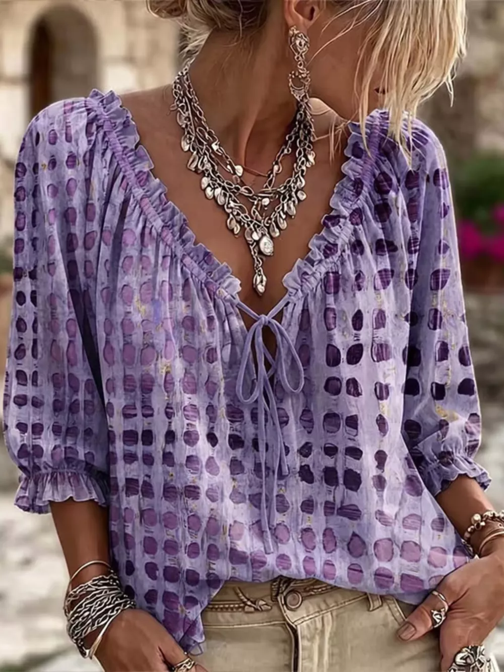 Full Size Tie Neck 3/4 Sleeve Blouse Plus Size, image 9