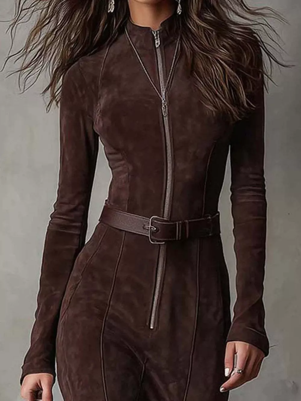 Full Size Slit Zip-Front Long Sleeve Maxi Dress with Belt Plus Size, image 2