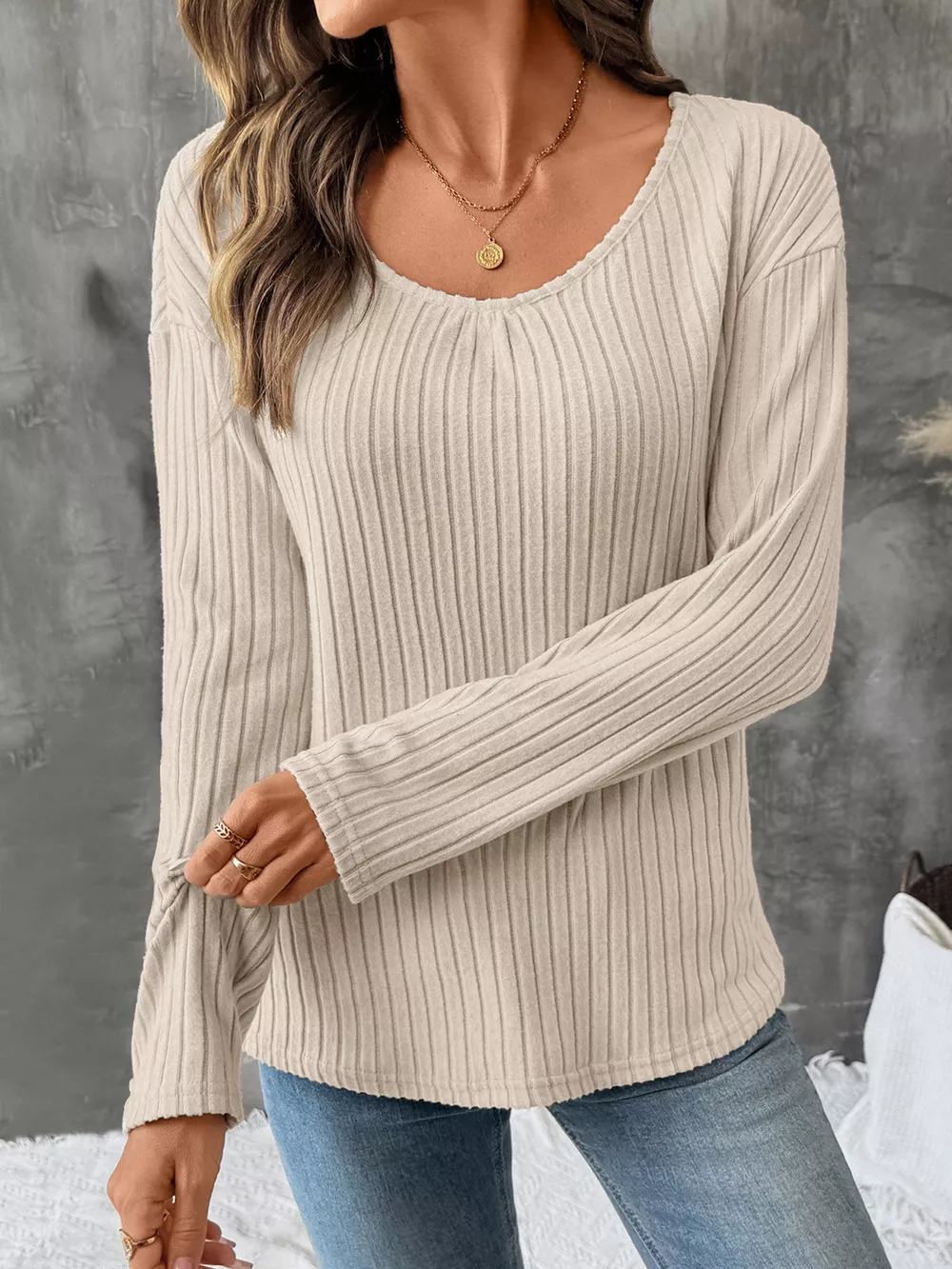 Lace Detail Ribbed Knit Long Sleeve T-Shirt, image 3