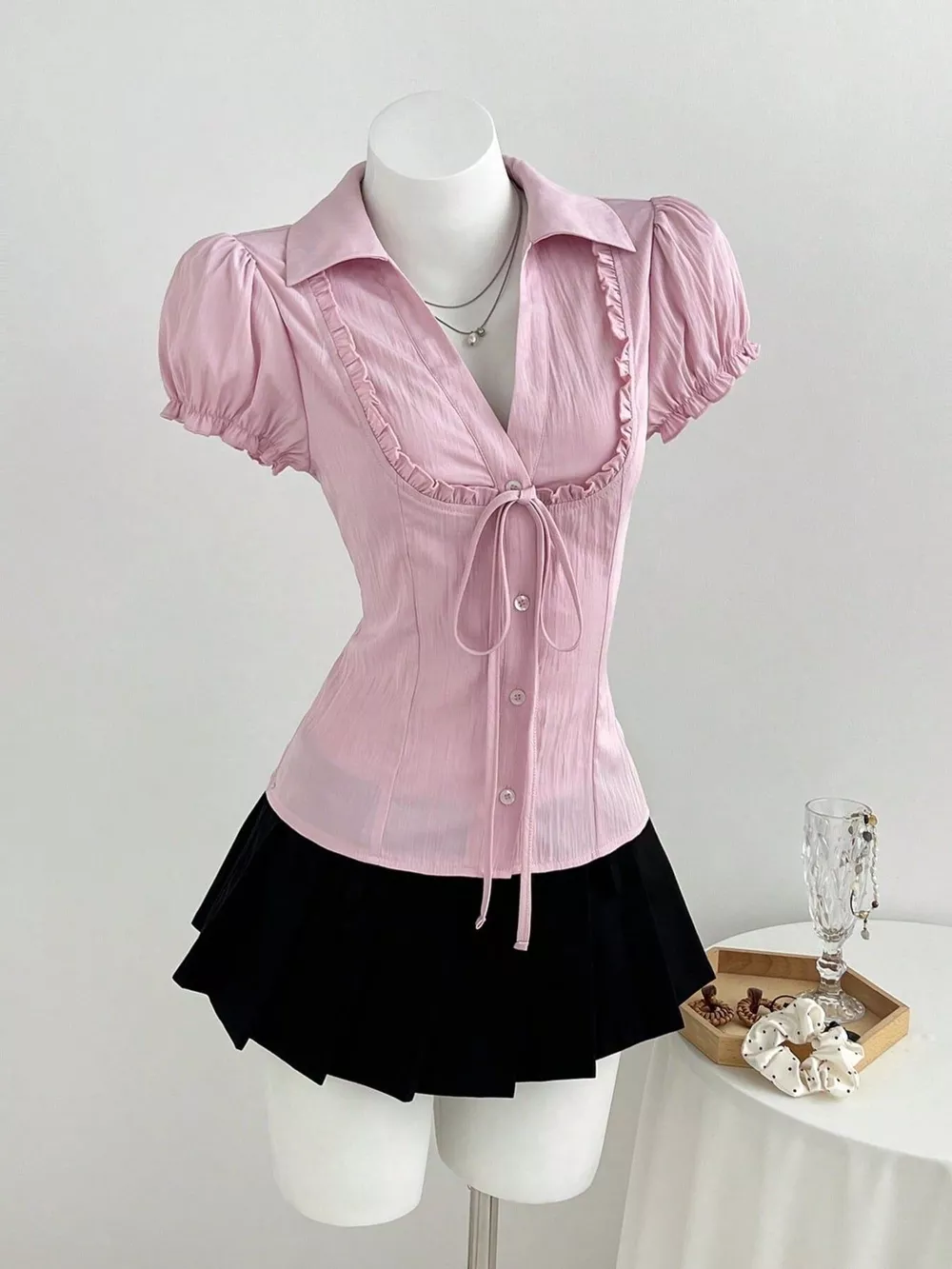 Frill Button Up Short Sleeve Shirt, image 2