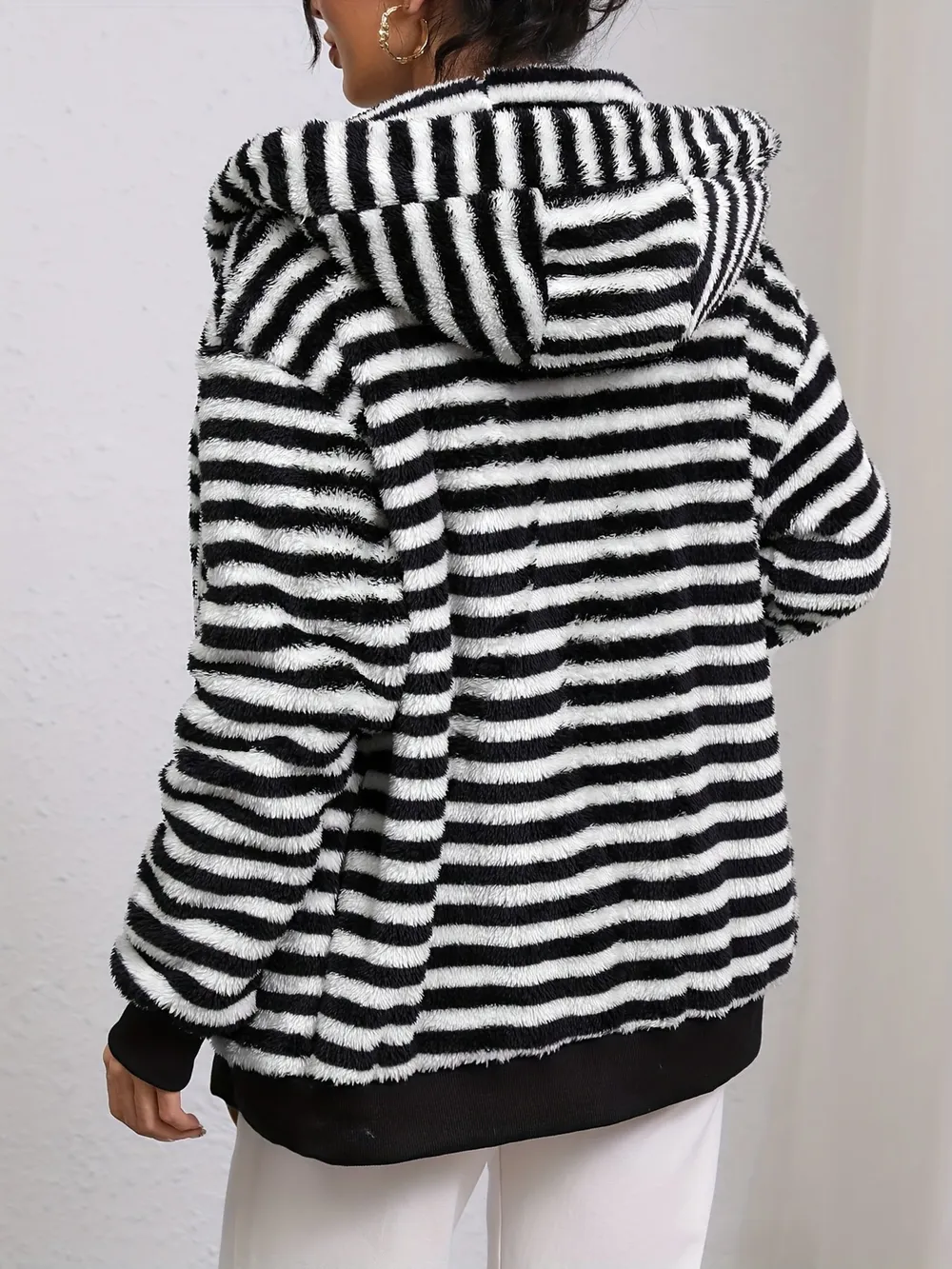 Striped Fuzzy Zip Up Hooded Outerwear, image 2