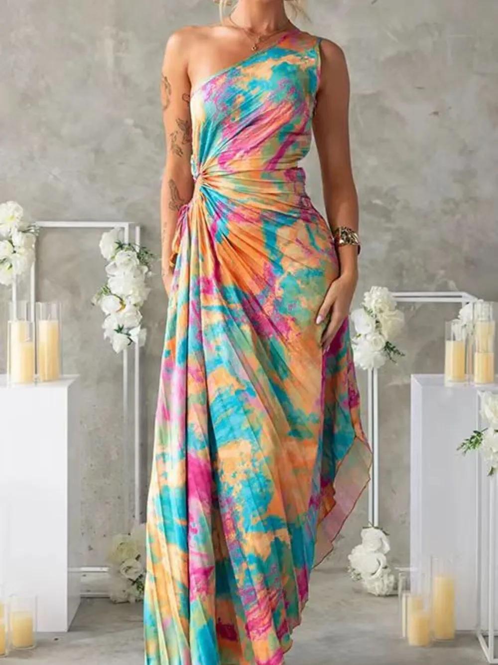 Printed One Shoulder Asymmetrical Maxi Dress, image 4