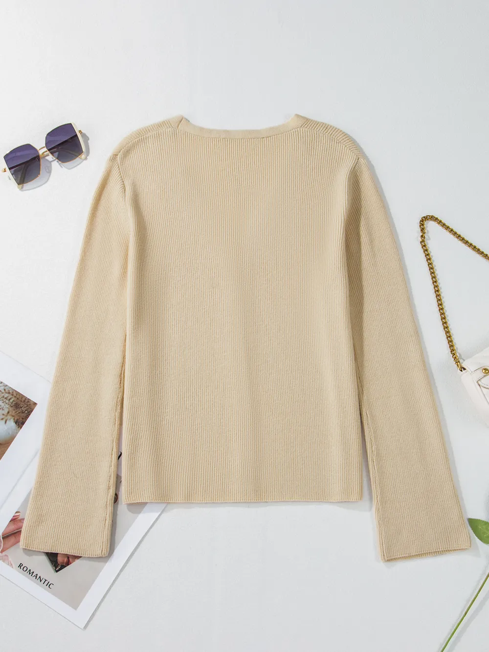 Ribbed Knit Button Front V Neck Cardigan, image 14