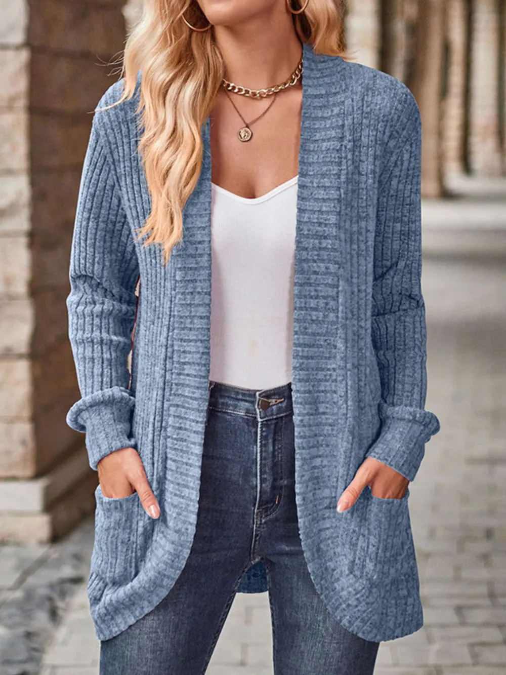 Ribbed Knit Open Front Cardigan with Pockets, image 15