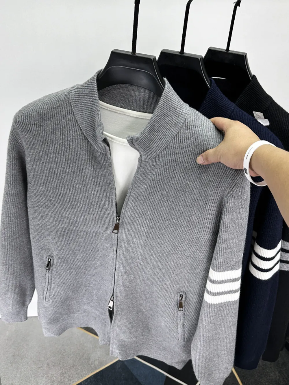 Men's Plus Size Zip Up Striped Long Sleeve Cardigan, image 4