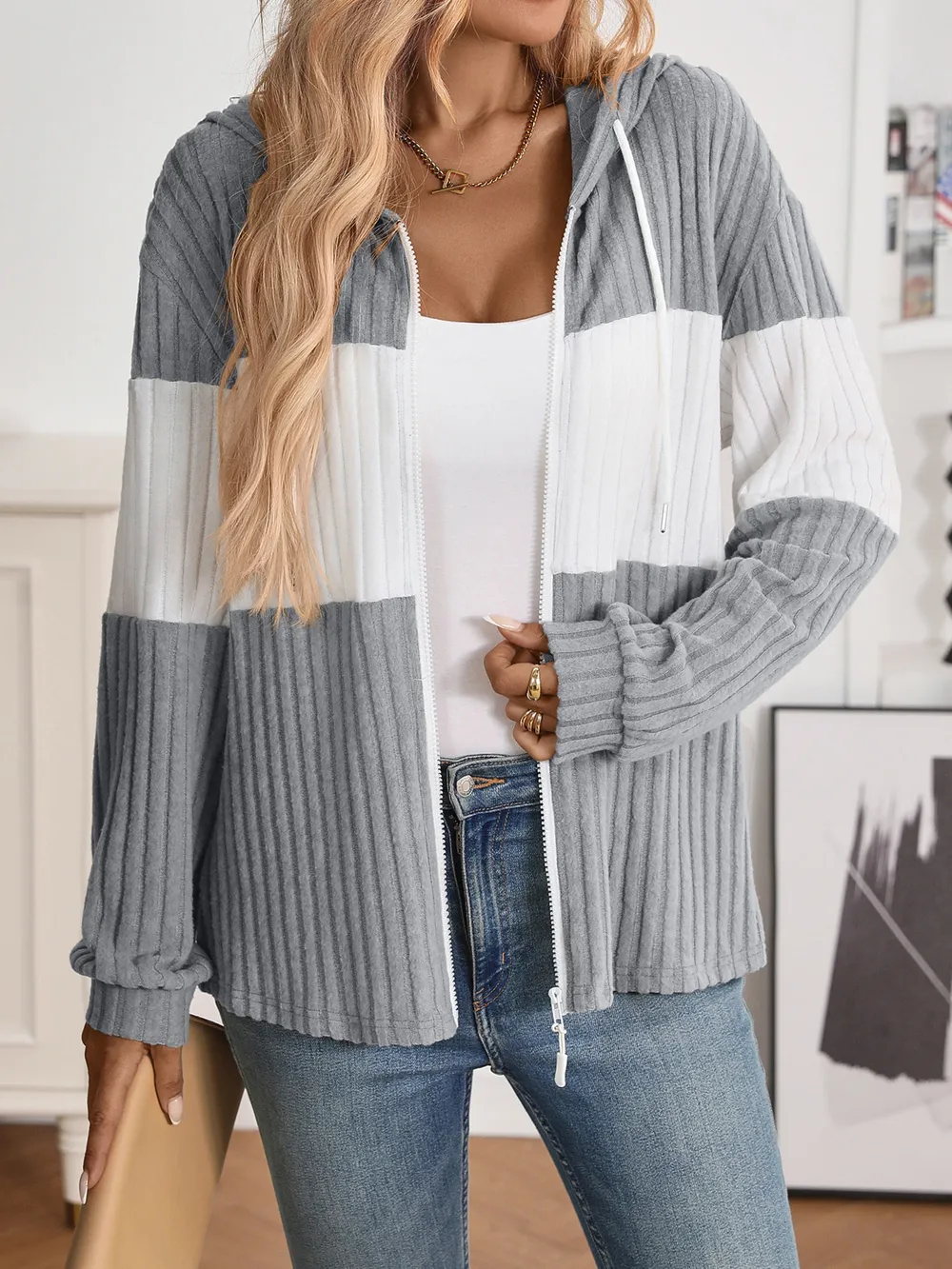 Drawstring Color Block Zip Up Outerwear, image 12