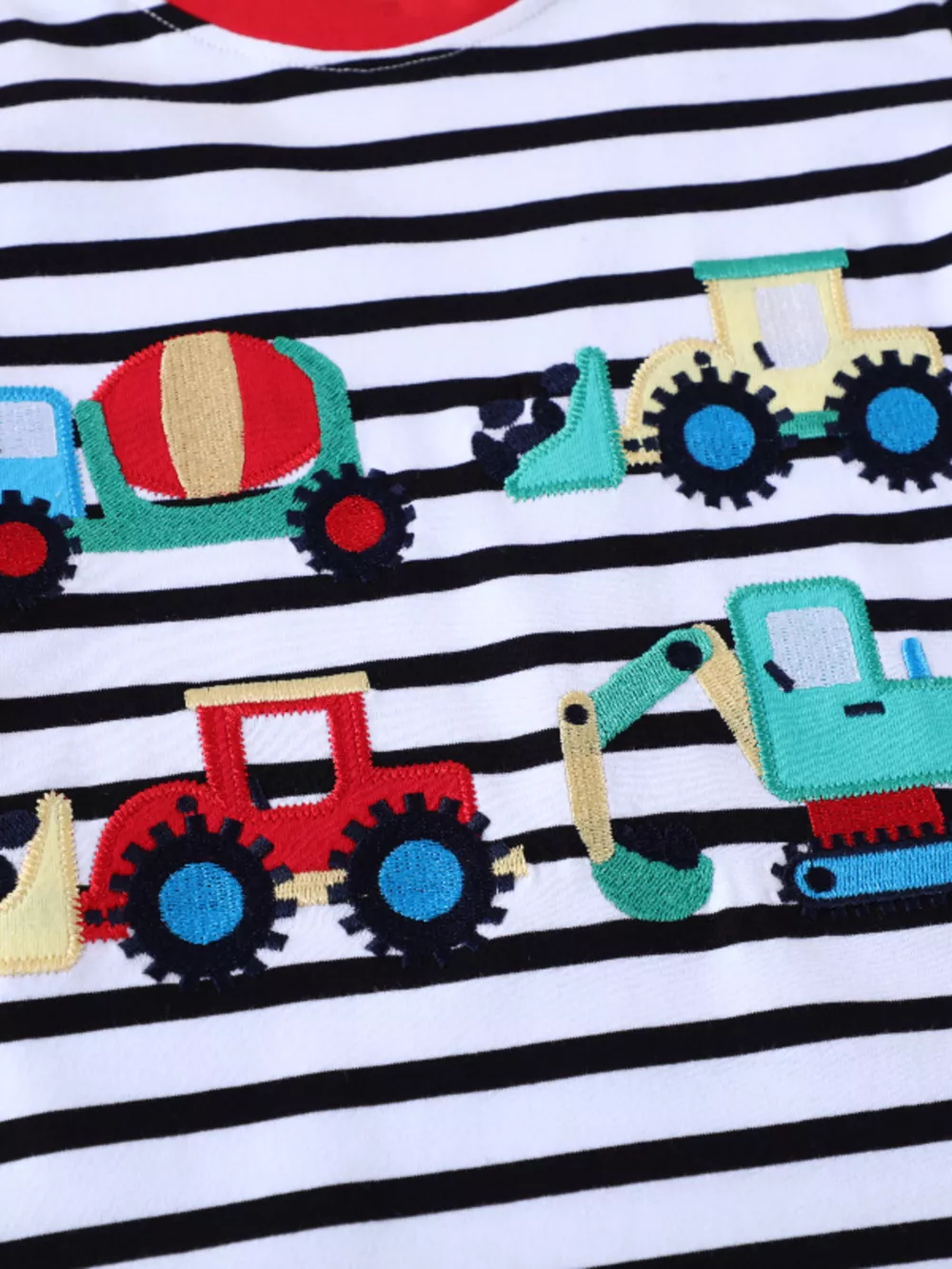 Children's Striped Long Sleeve T-Shirt with Construction Vehicle Appliques, image 2