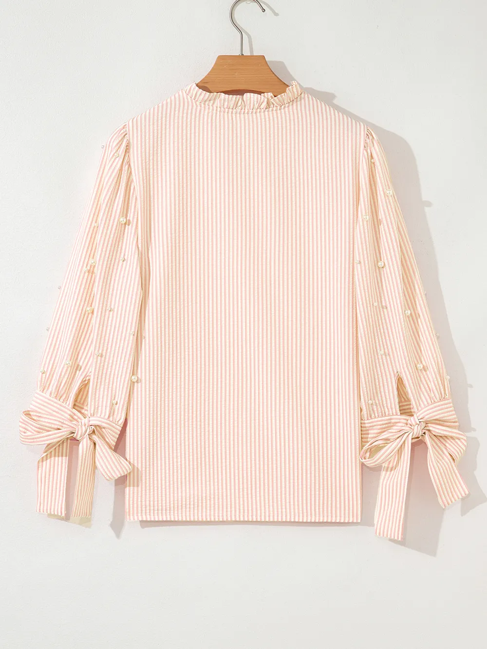 Stripe Bow Knot Cuff Pearl Embellished Puff Sleeve V Neck Blouse, image 3