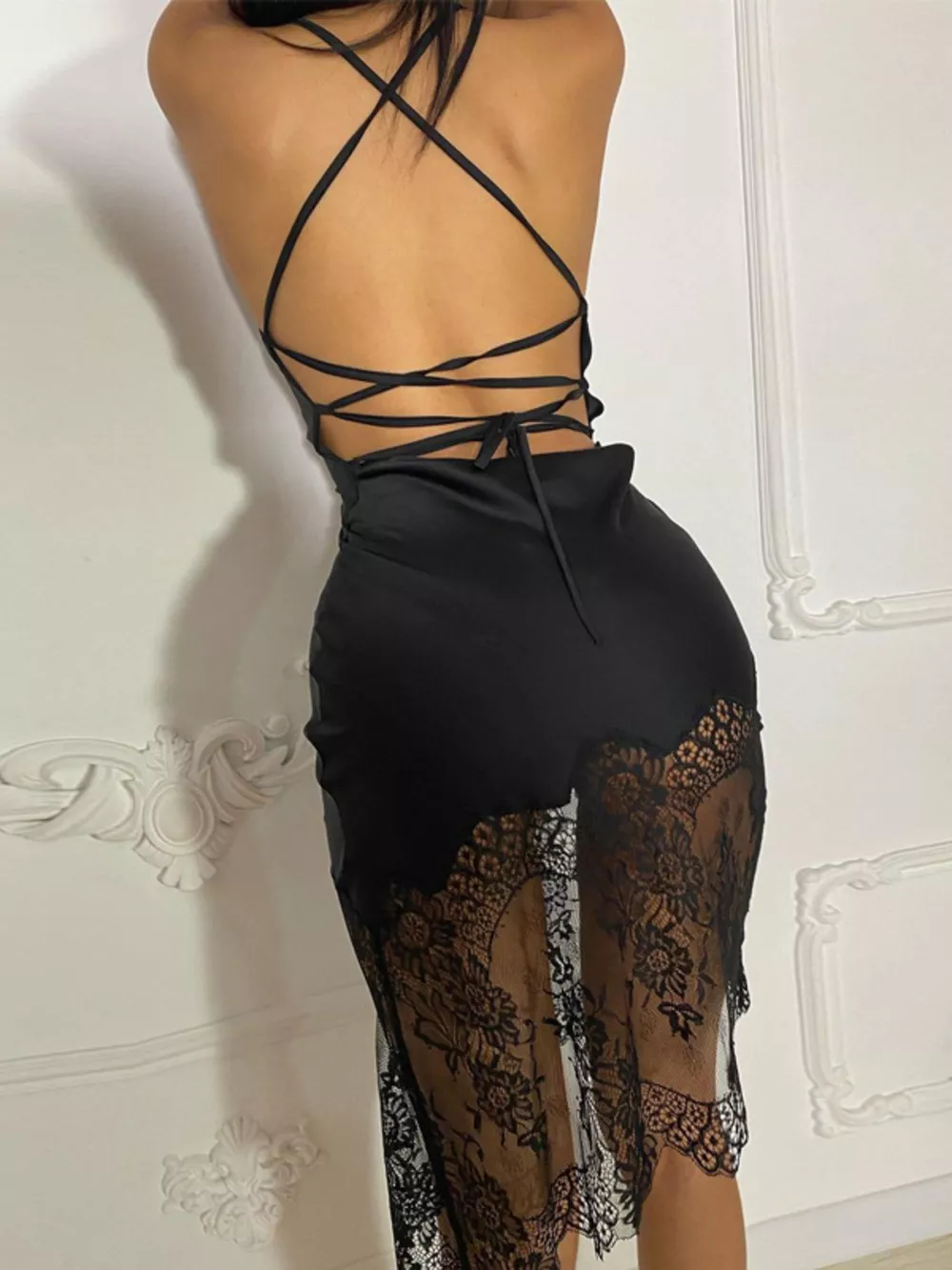 Satin Lace Trim Sleeveless Dress, image 9