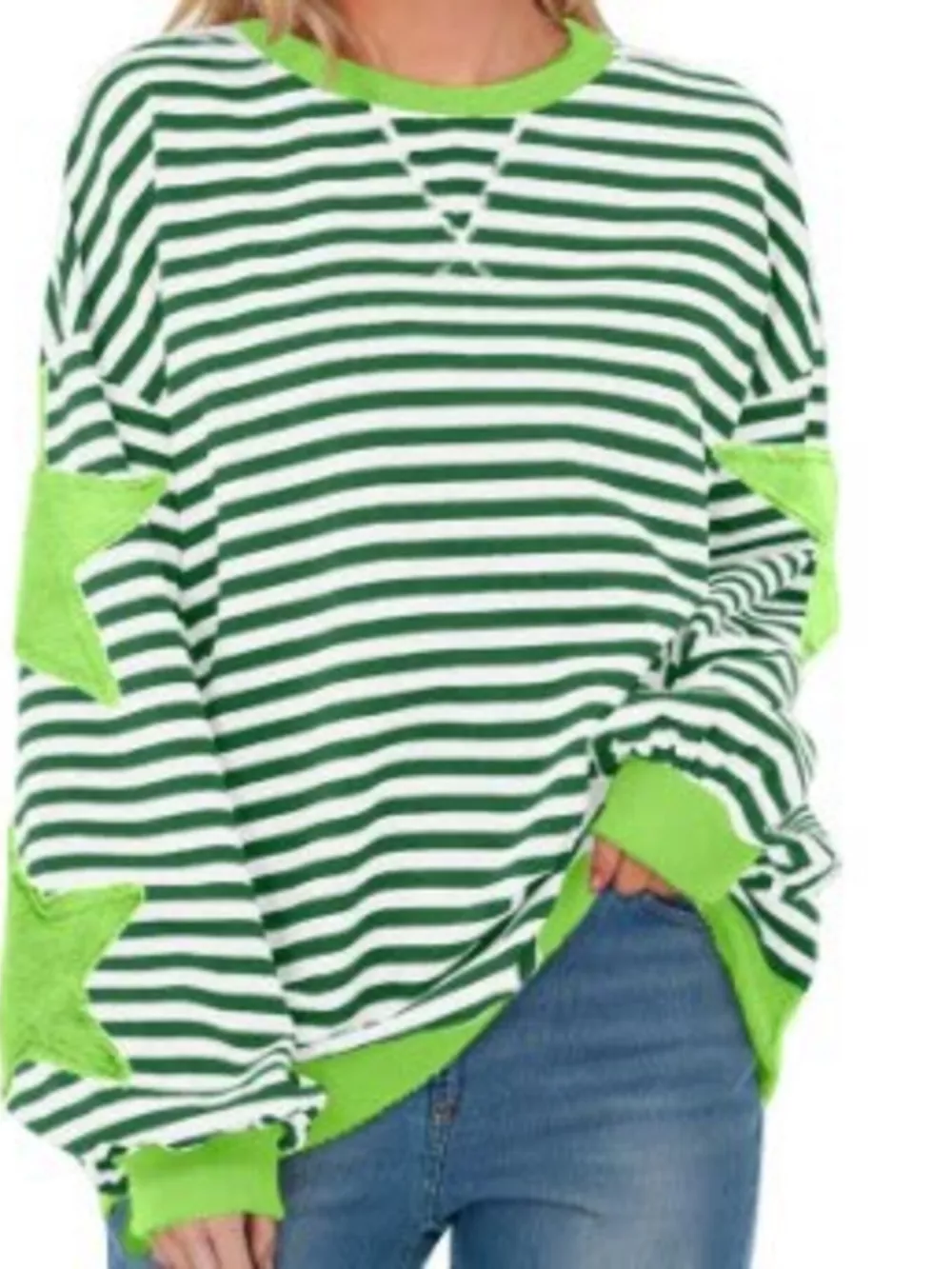 Full Size Star Patch Striped Oversized Sweatshirt Plus Size, image 9