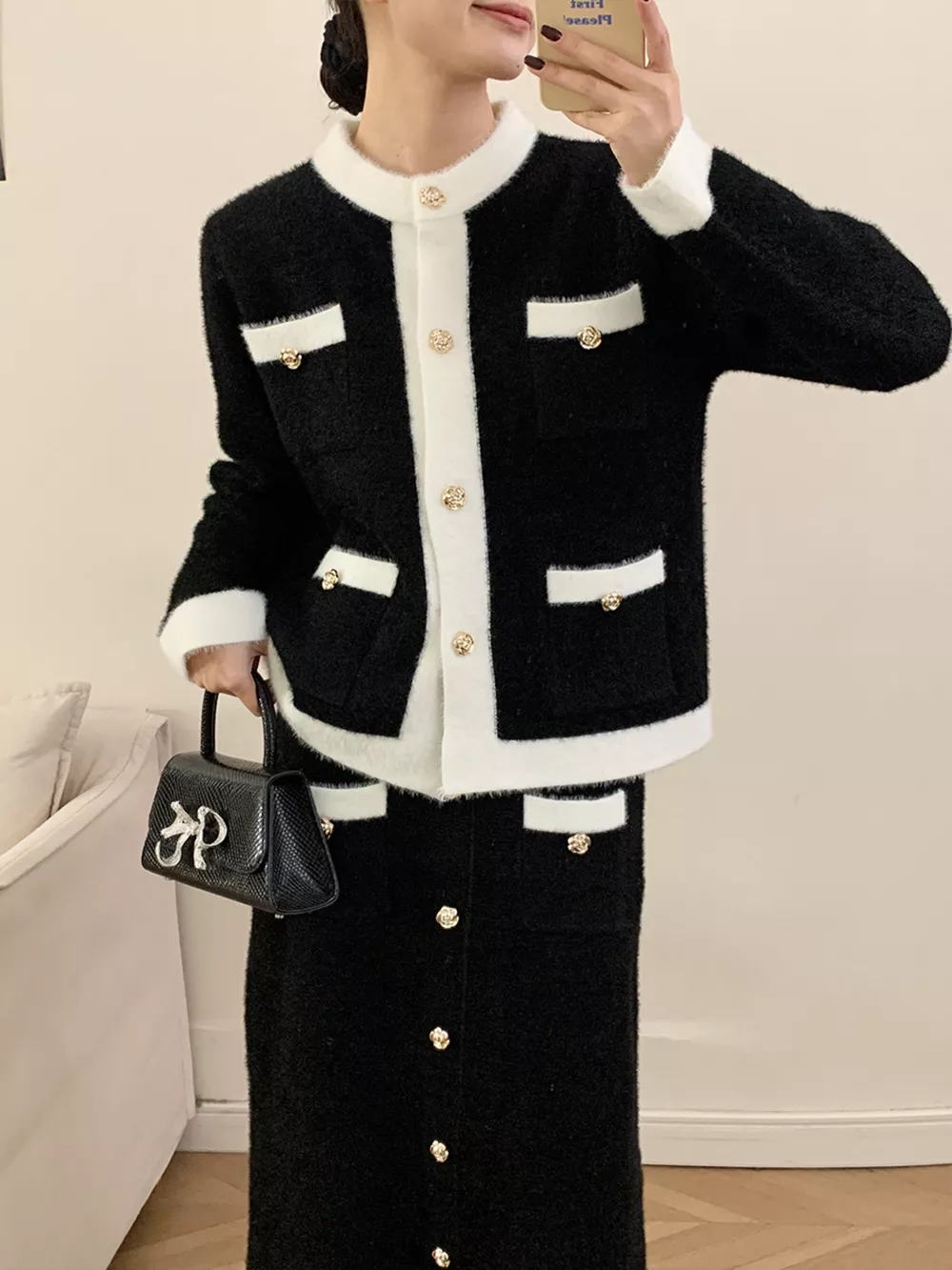 Contrast Trim Jacket and Skirts Sweater Set