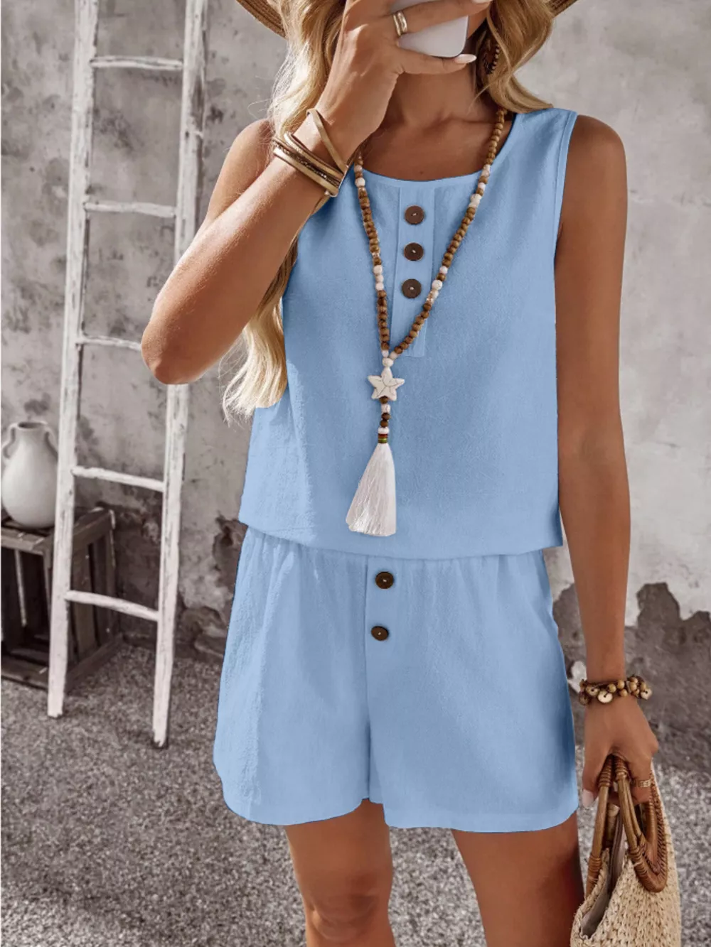 Decor Button Round Neck Tank and Shorts Set, image 21